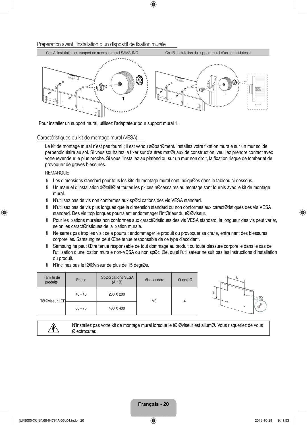 Samsung UE75F8000SLXXH Caractéristiques du kit de montage mural Vesa, Du produit, Famille de Pouce, Vis standard Quantité 