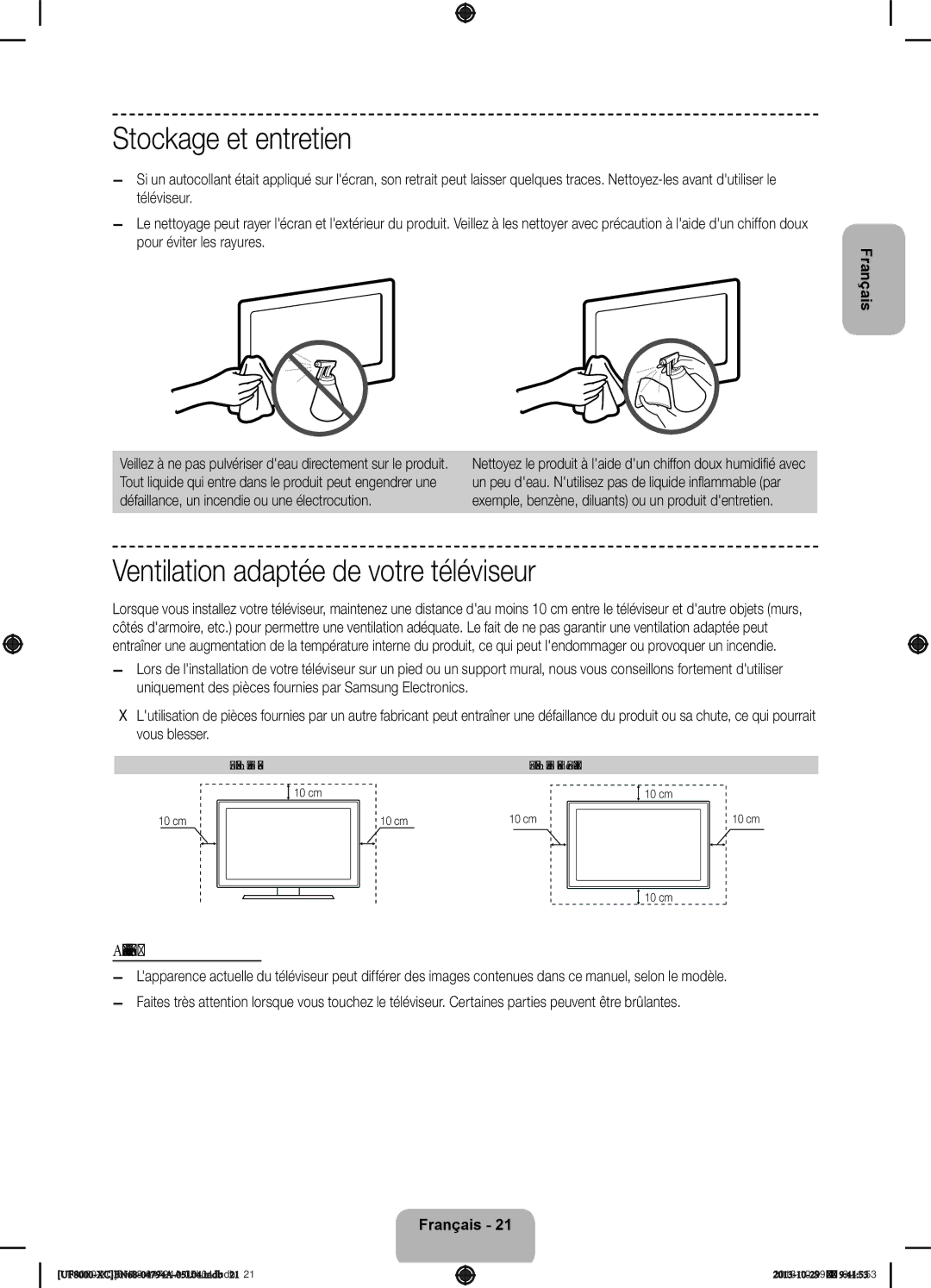 Samsung UE65F8000SLXXH manual Stockage et entretien, Ventilation adaptée de votre téléviseur, Autres avertissements 