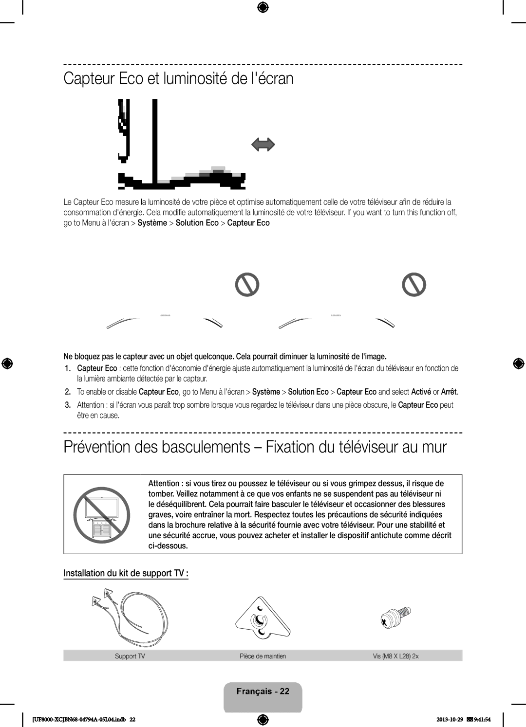 Samsung UE46F8000SLXXH, UE65F8000SLXXH manual Capteur Eco et luminosité de lécran, Installation du kit de support TV 