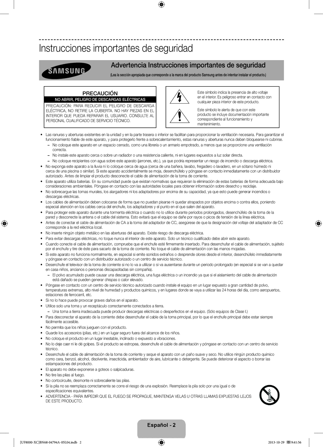 Samsung UE55F8000SLXXC, UE65F8000SLXXH, UE46F8000SLXXH Advertencia Instrucciones importantes de seguridad, Precaución 