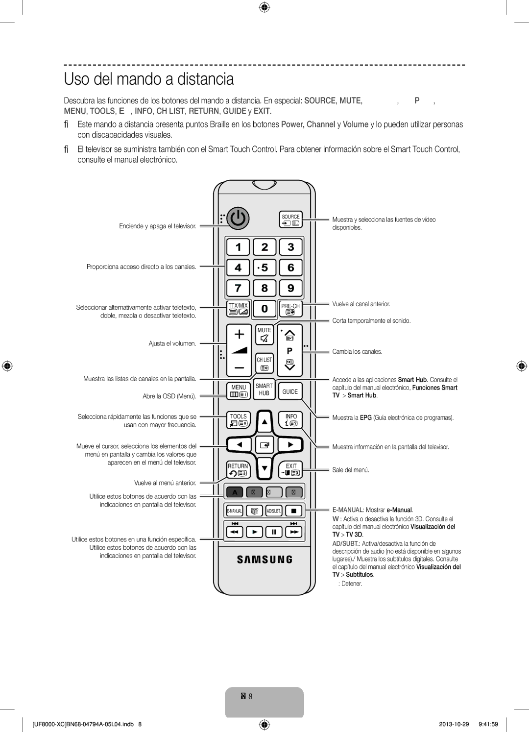 Samsung UE55F8000SLXXH, UE65F8000SLXXH, UE46F8000SLXXH, UE65F8000SLXXC, UE40F8000SLXXC manual Uso del mando a distancia 