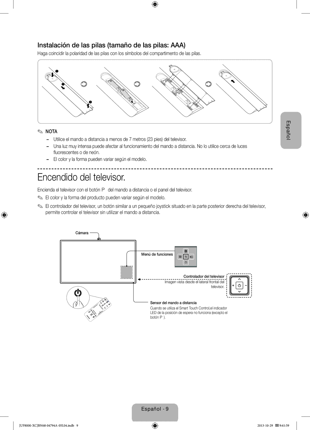 Samsung UE65F8000SLXXC, UE65F8000SLXXH Encendido del televisor, Instalación de las pilas tamaño de las pilas AAA, Nota 