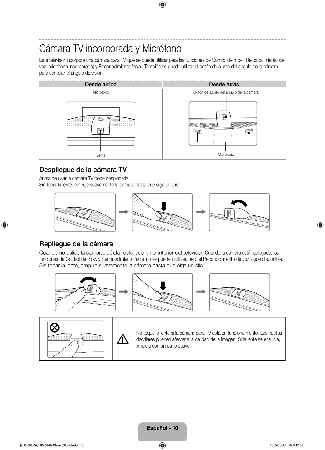 Samsung UE40F8000SLXXC manual Cámara TV incorporada y Micrófono, Despliegue de la cámara TV, Repliegue de la cámara 