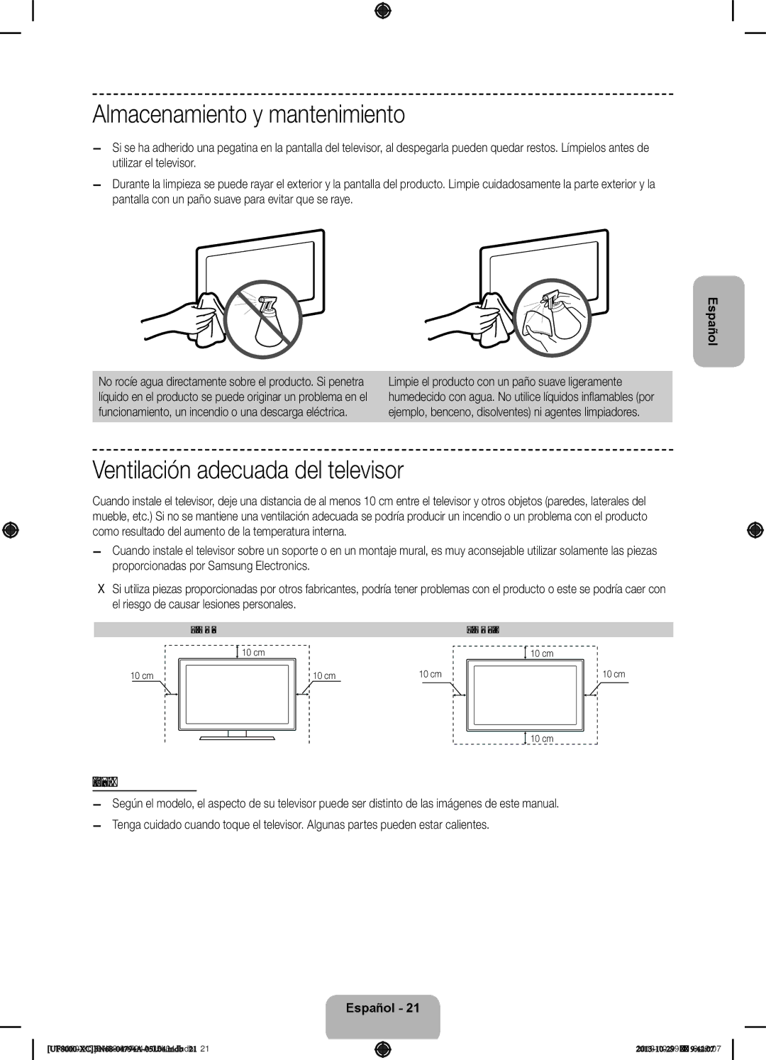 Samsung UE46F8000SLXXC manual Almacenamiento y mantenimiento, Ventilación adecuada del televisor, Otras advertencias 