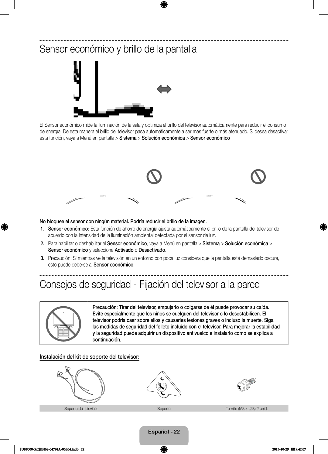 Samsung UE75F8000SLXXC Sensor económico y brillo de la pantalla, Consejos de seguridad Fijación del televisor a la pared 