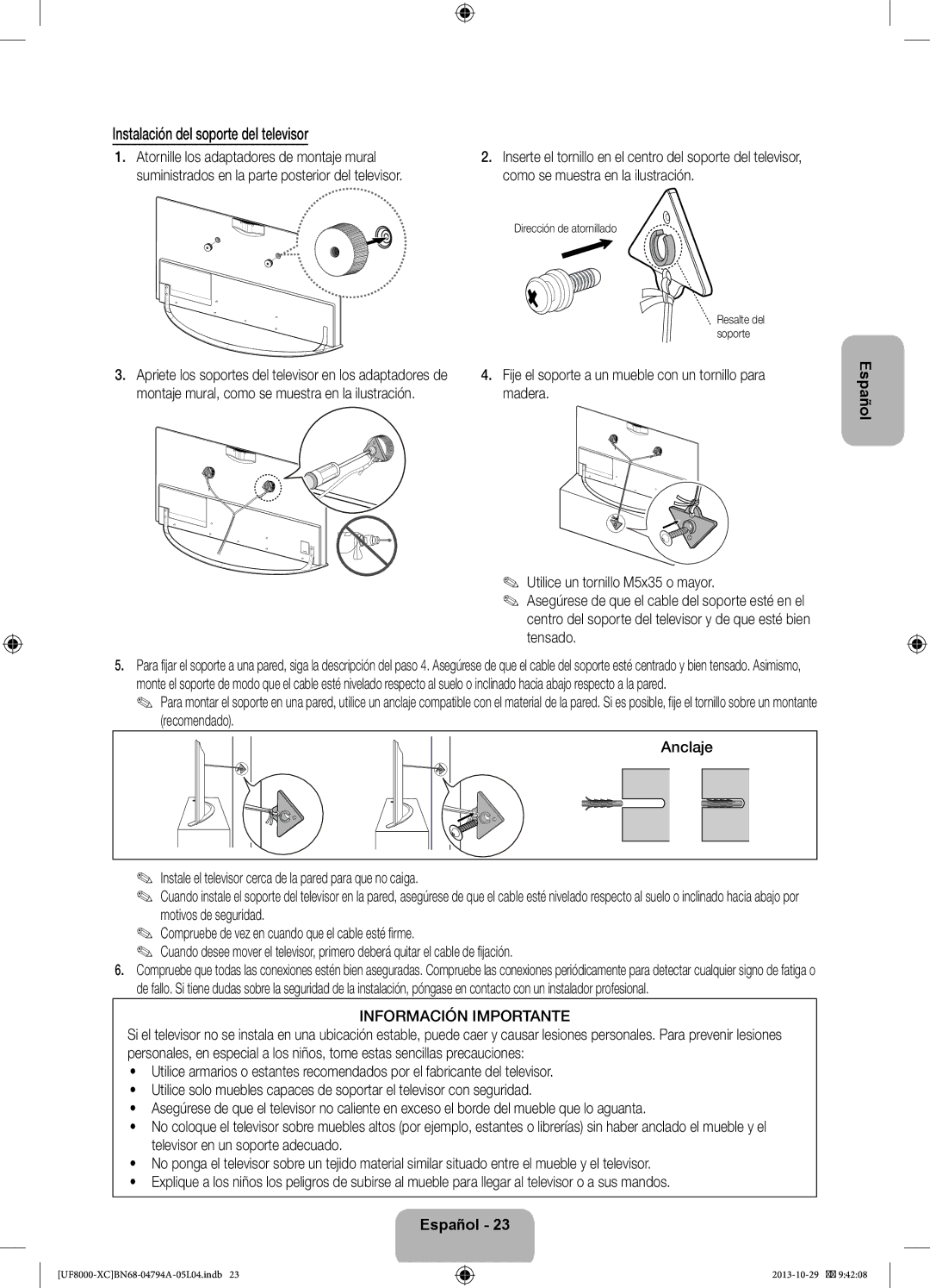 Samsung UE75F8000SLXXH Instalación del soporte del televisor, Madera, Información Importante, Dirección de atornillado 