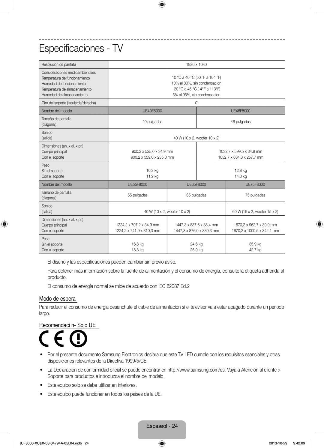 Samsung UE65F8000SLXXH, UE46F8000SLXXH, UE55F8000SLXXH, UE65F8000SLXXC, UE40F8000SLXXC, UE55F8000SLXXC manual Modo de espera 