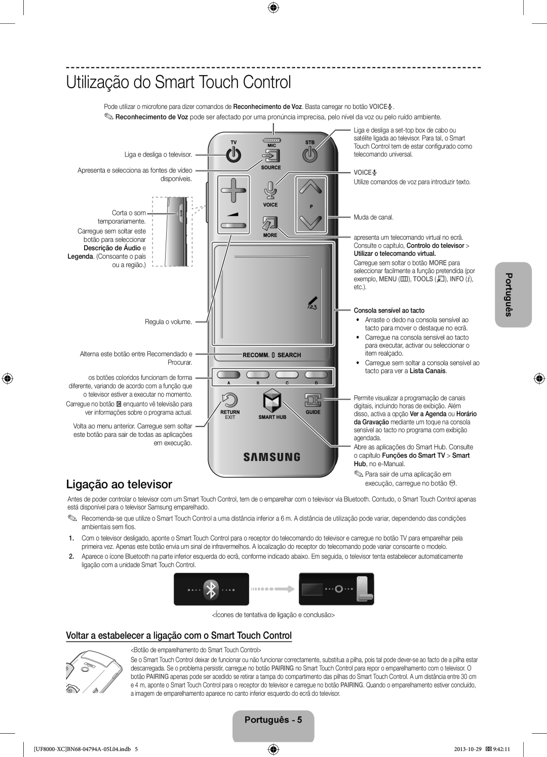 Samsung UE55F8000SLXXC, UE65F8000SLXXH, UE46F8000SLXXH manual Utilização do Smart Touch Control, Ligação ao televisor 