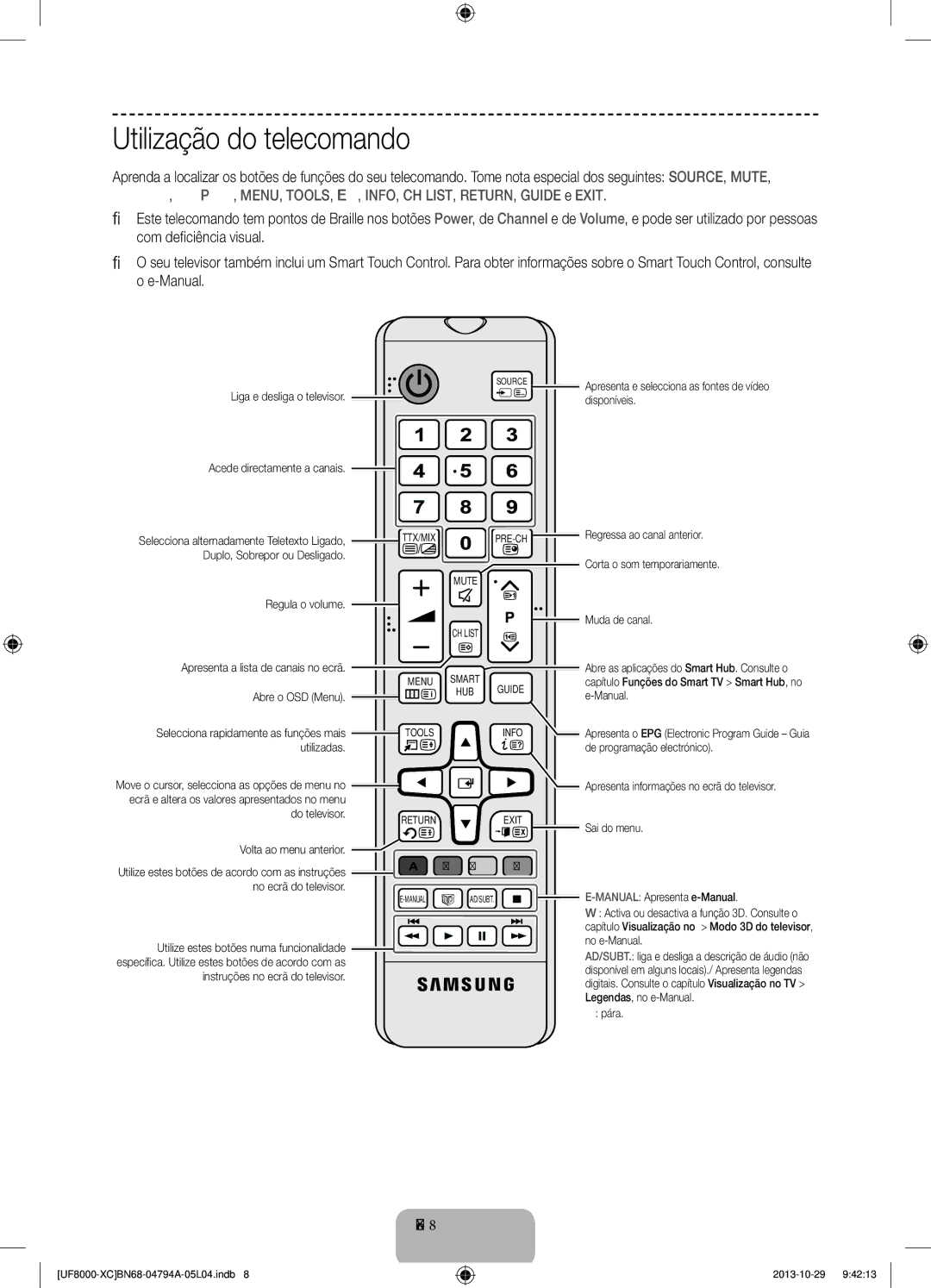 Samsung UE75F8000SLXXH, UE65F8000SLXXH, UE46F8000SLXXH, UE55F8000SLXXH, UE65F8000SLXXC manual Utilização do telecomando 