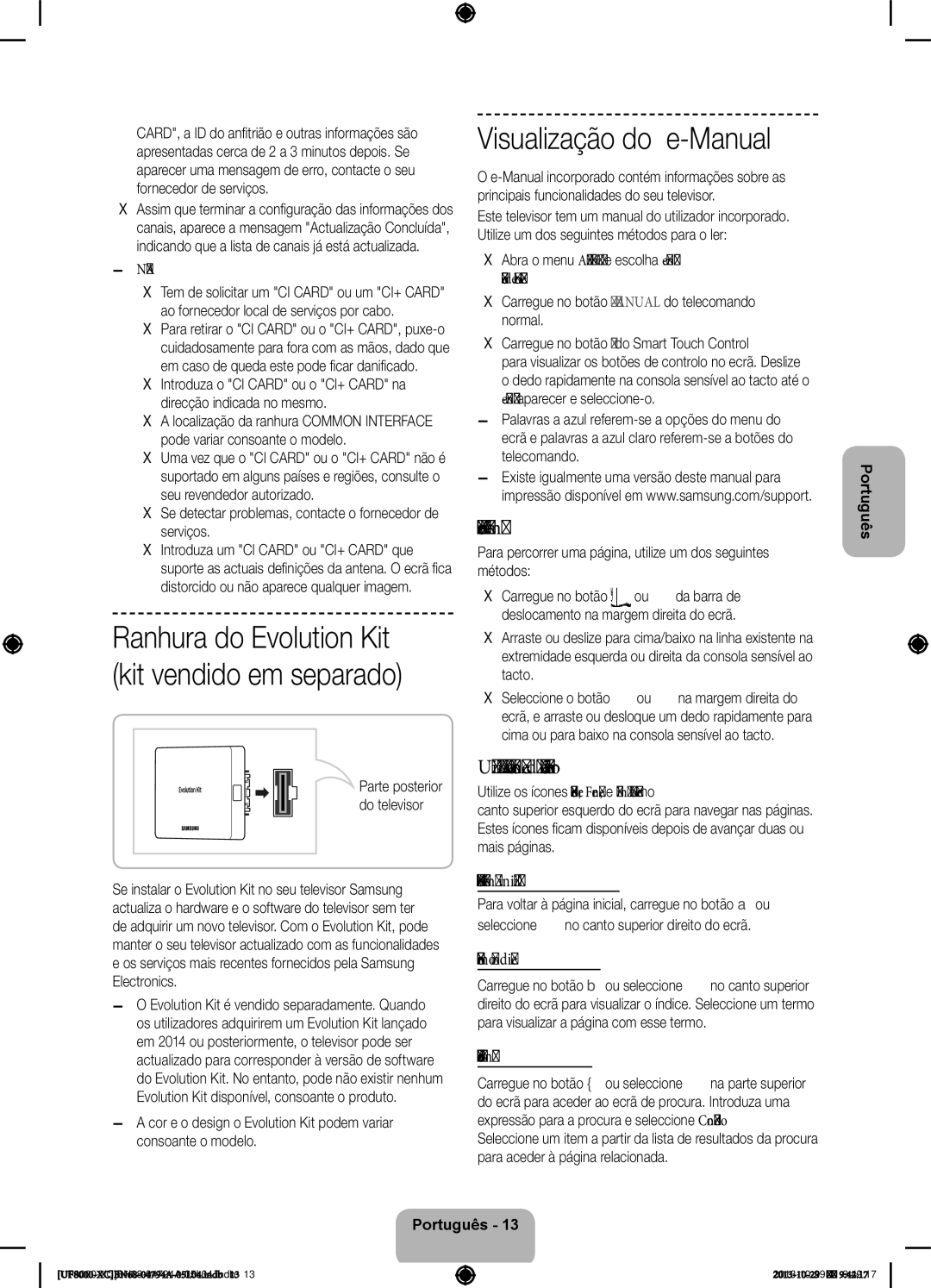 Samsung UE40F8000SLXXC manual Visualização do e-Manual, Percorrer uma página, Utilizar os ícones da secção superior 