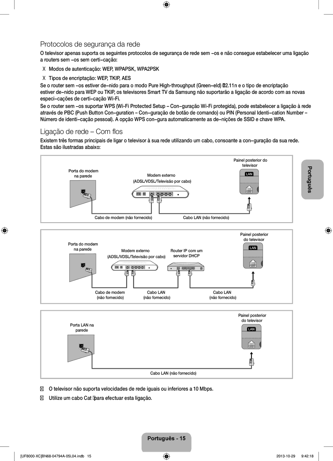 Samsung UE46F8000SLXXC manual Protocolos de segurança da rede, Ligação de rede Com fios, 802.11n e o tipo de encriptação 