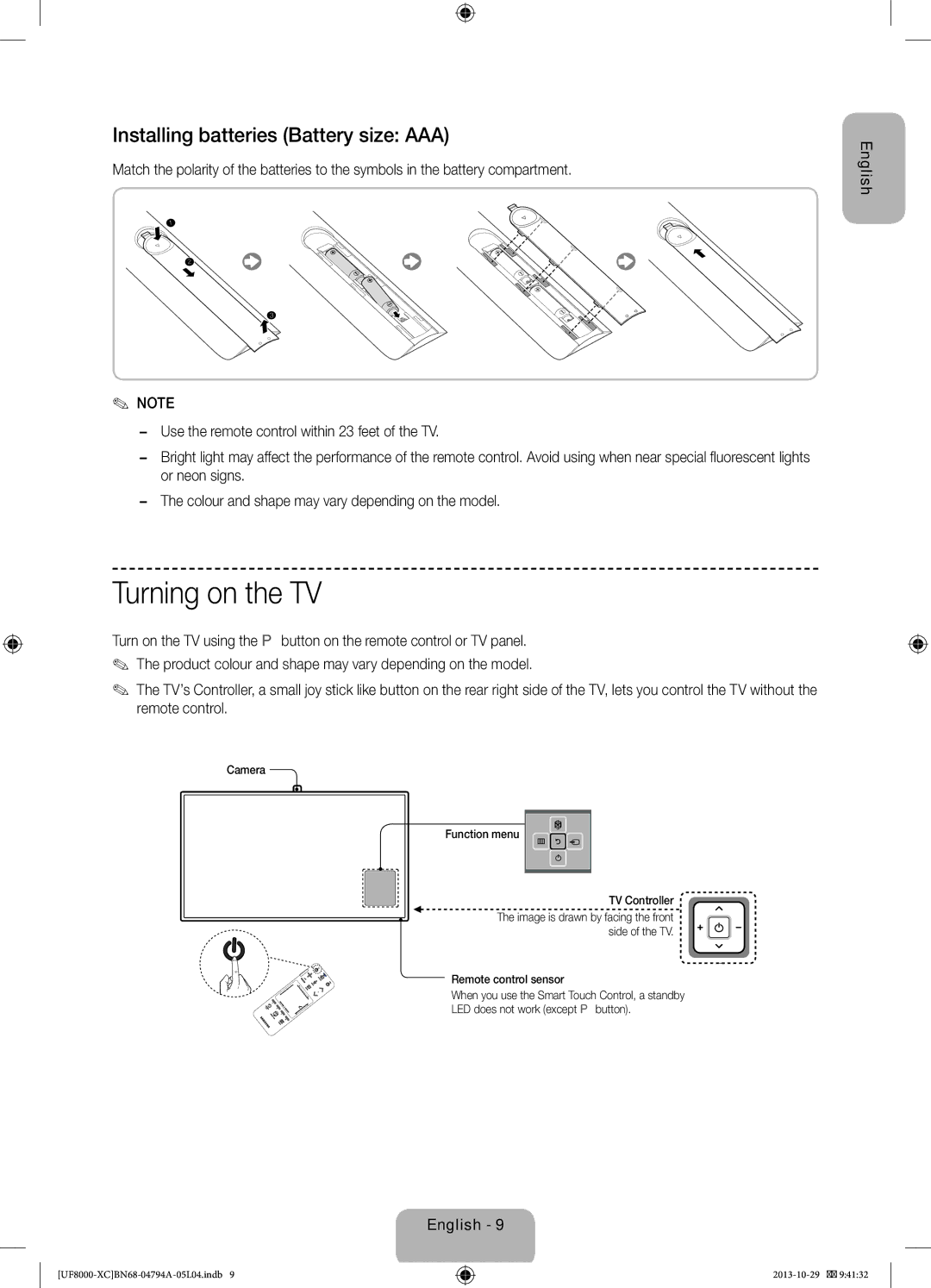 Samsung UE65F8000SLXXH manual Turning on the TV, Installing batteries Battery size AAA, Camera Function menu TV Controller 