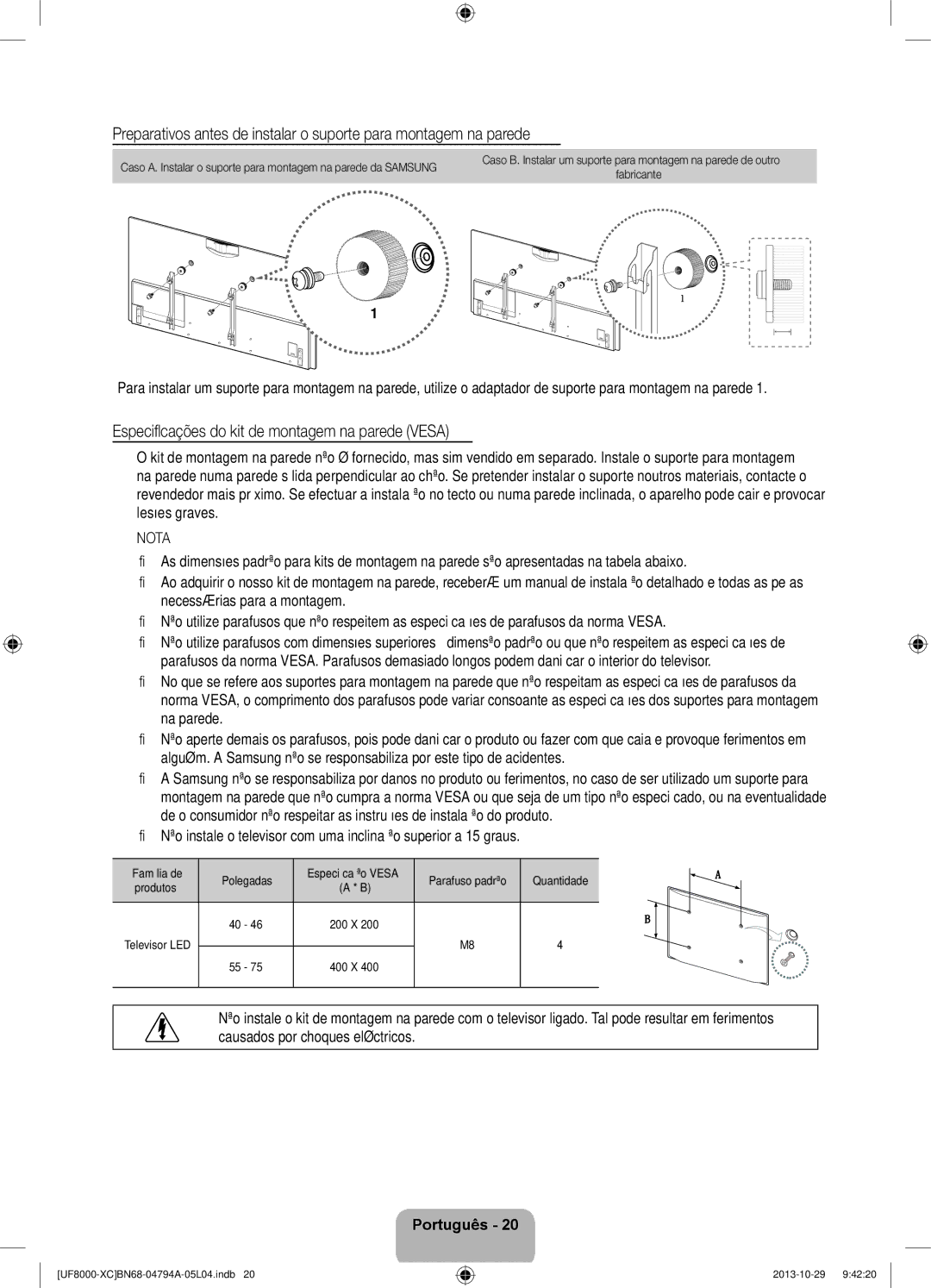 Samsung UE55F8000SLXXH, UE65F8000SLXXH Especificações do kit de montagem na parede Vesa, Na parede, Família de Polegadas 