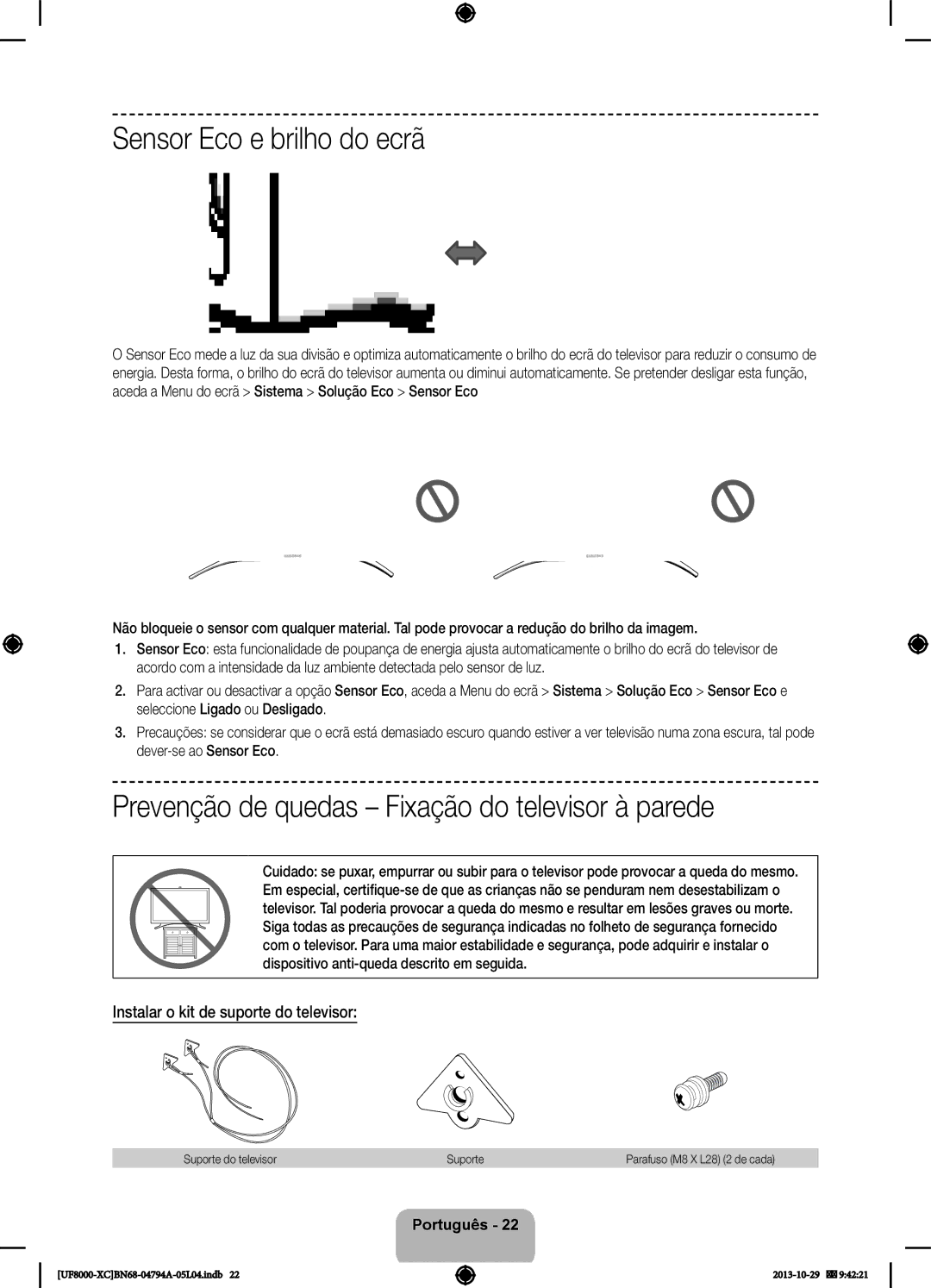 Samsung UE40F8000SLXXC, UE65F8000SLXXH manual Sensor Eco e brilho do ecrã, Prevenção de quedas Fixação do televisor à parede 