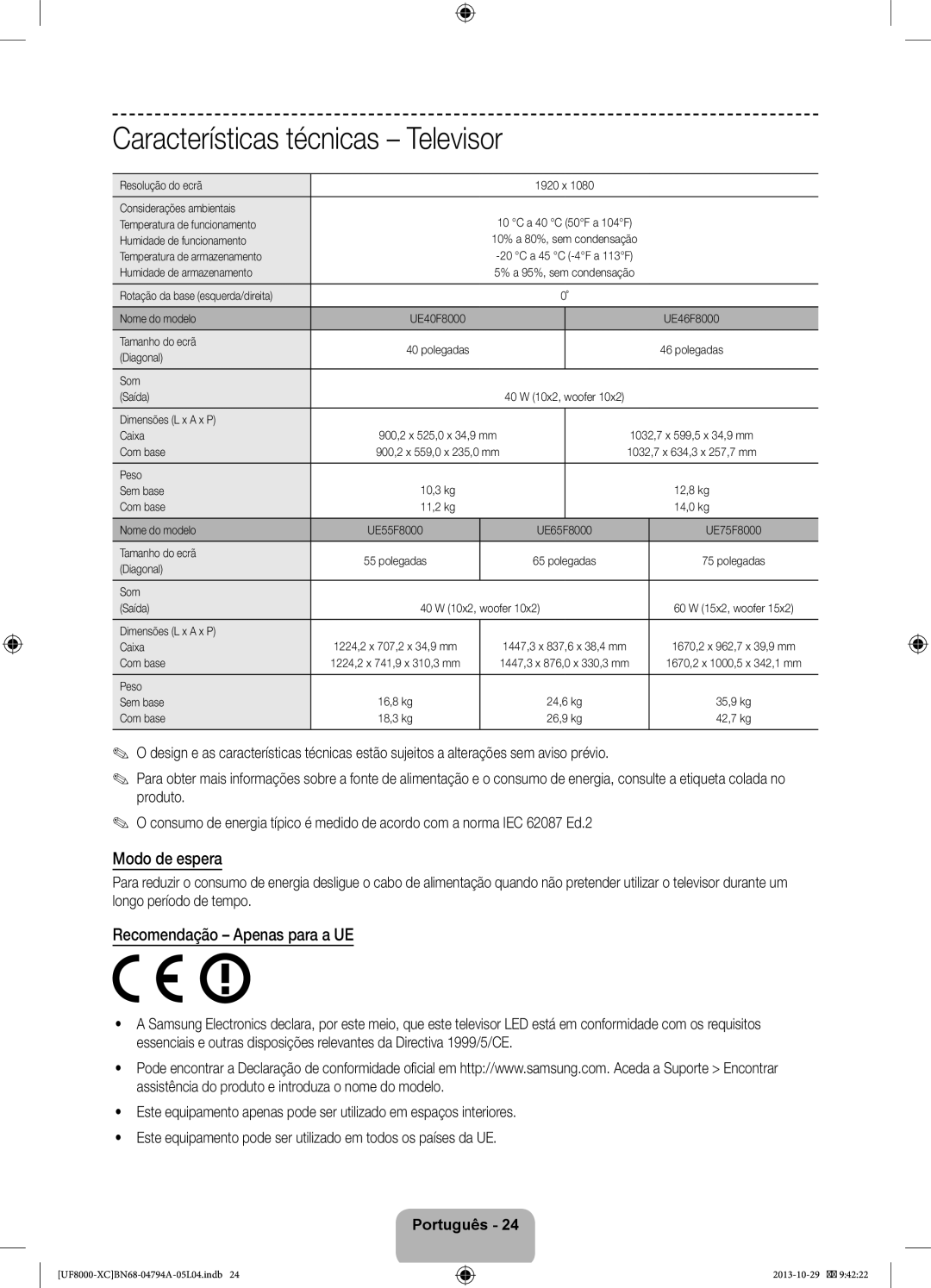 Samsung UE46F8000SLXXC, UE65F8000SLXXH, UE46F8000SLXXH, UE55F8000SLXXH, UE65F8000SLXXC Características técnicas Televisor 