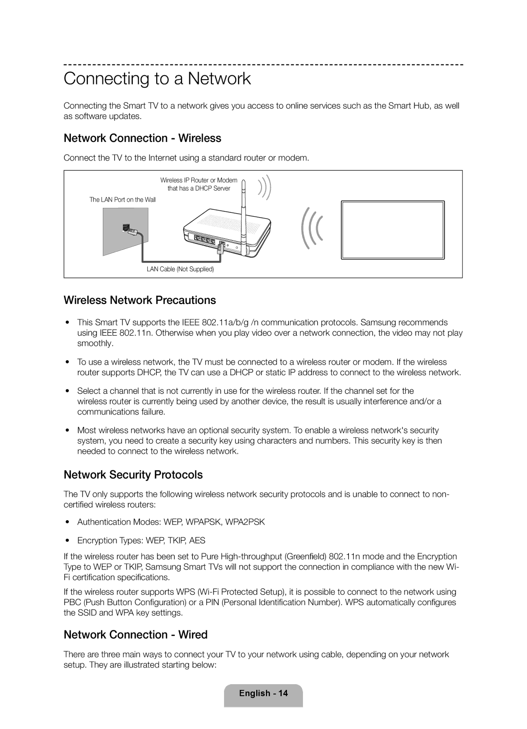 Samsung UE65F9000ATXRU, UE55F9000ATXRU Connecting to a Network, Network Connection Wireless, Wireless Network Precautions 