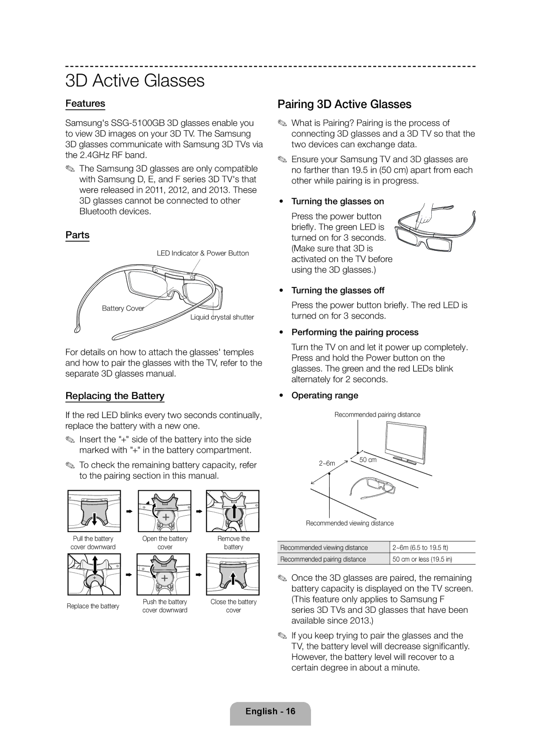 Samsung UE65F9000ATXRU, UE55F9000ATXRU manual Pairing 3D Active Glasses, Features, Parts, Replacing the Battery 