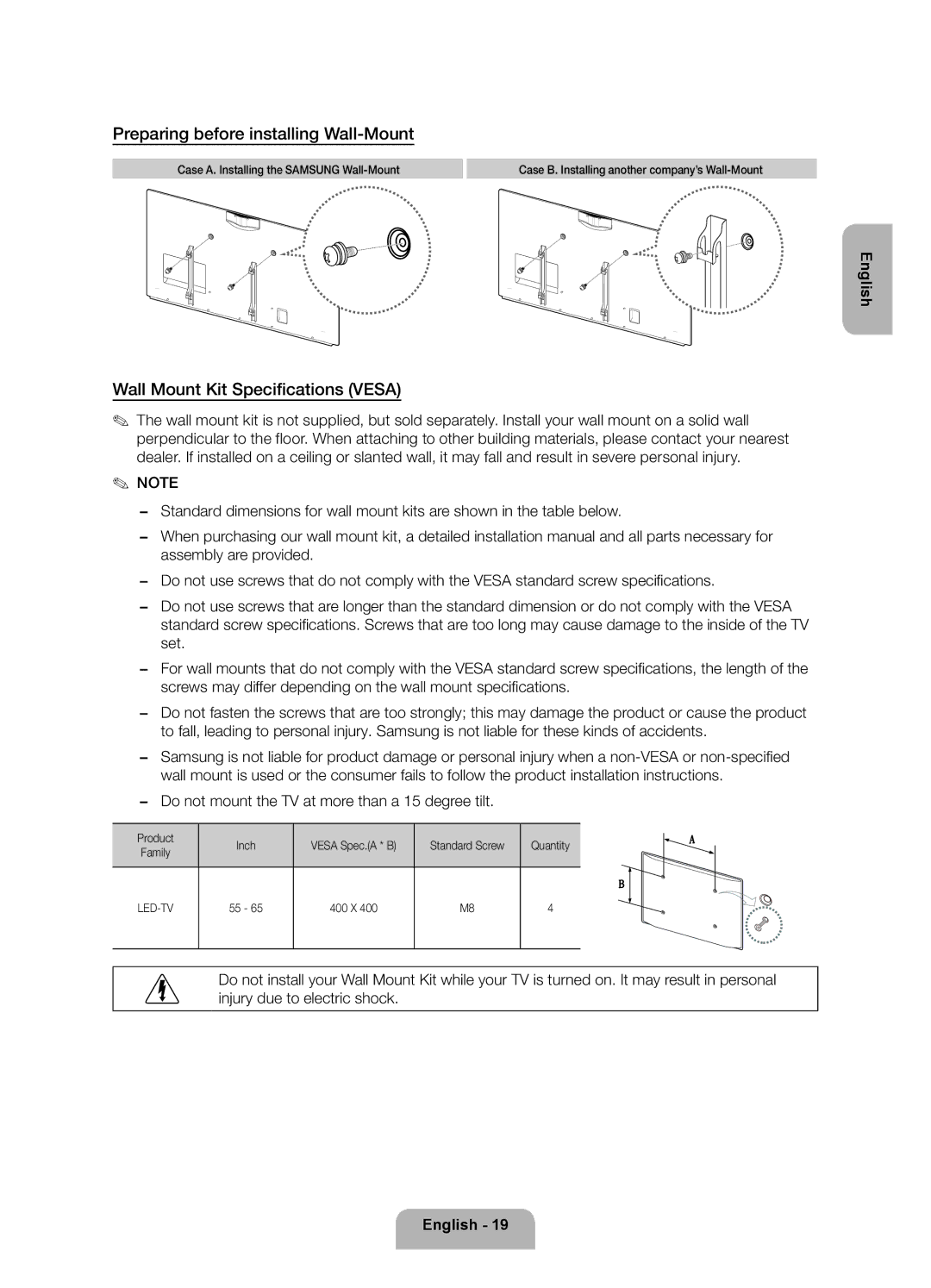 Samsung UE55F9000ATXRU, UE65F9000ATXRU manual Preparing before installing Wall-Mount, Wall Mount Kit Specifications Vesa 