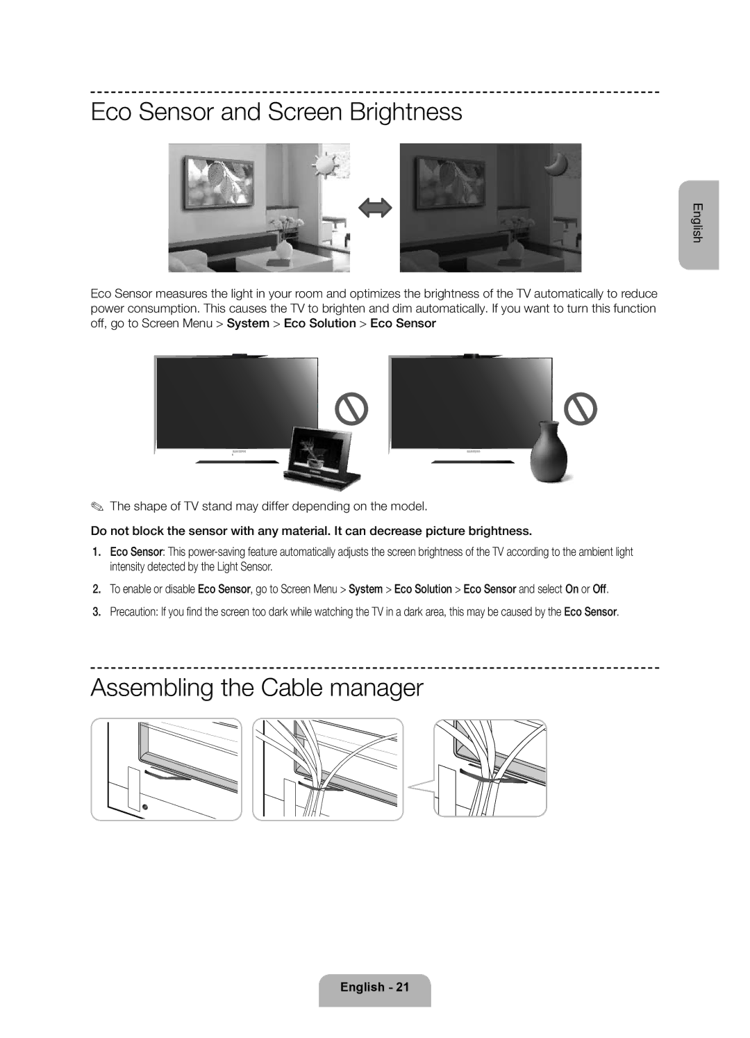 Samsung UE55F9000ATXRU, UE65F9000ATXRU manual Eco Sensor and Screen Brightness, Assembling the Cable manager 