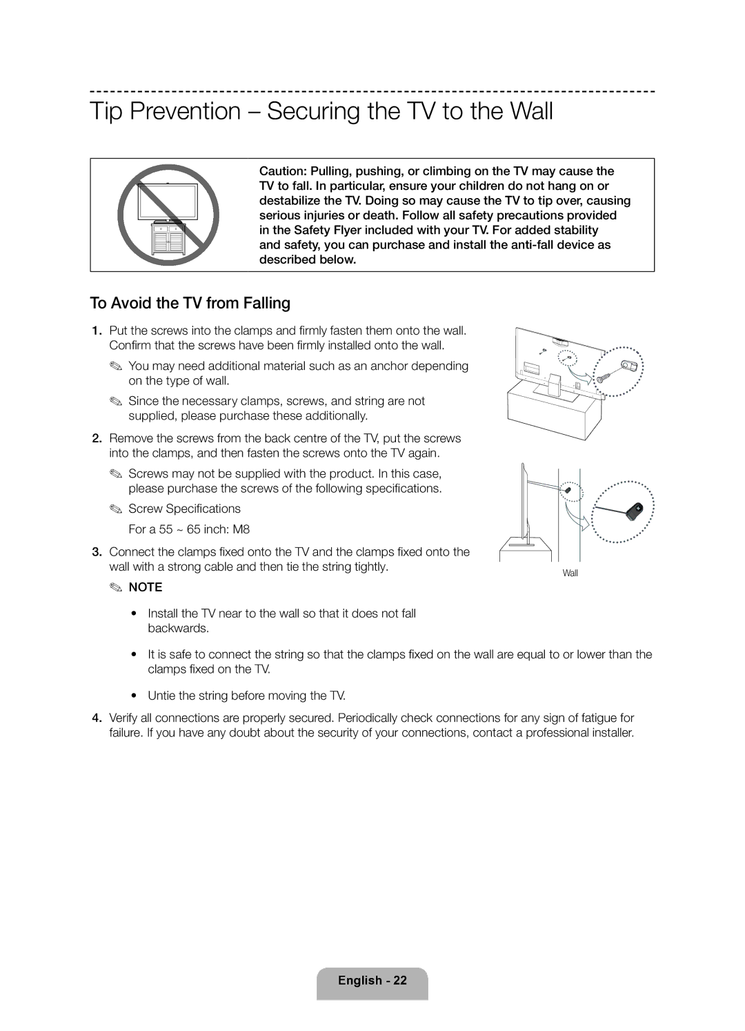 Samsung UE65F9000ATXRU, UE55F9000ATXRU manual Tip Prevention Securing the TV to the Wall, To Avoid the TV from Falling 