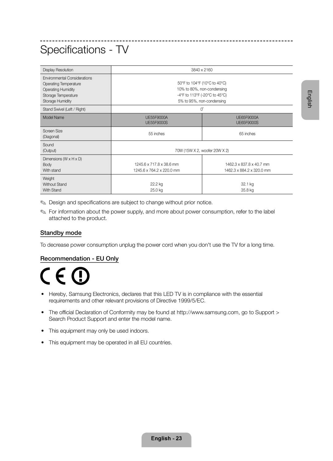 Samsung UE55F9000ATXRU, UE65F9000ATXRU manual Standby mode 