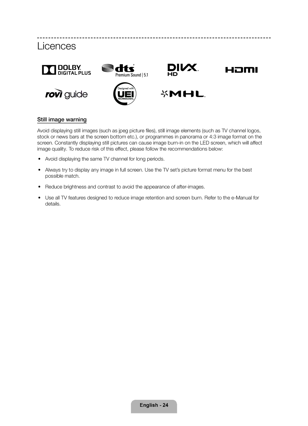 Samsung UE65F9000ATXRU, UE55F9000ATXRU manual Licences, Still image warning 