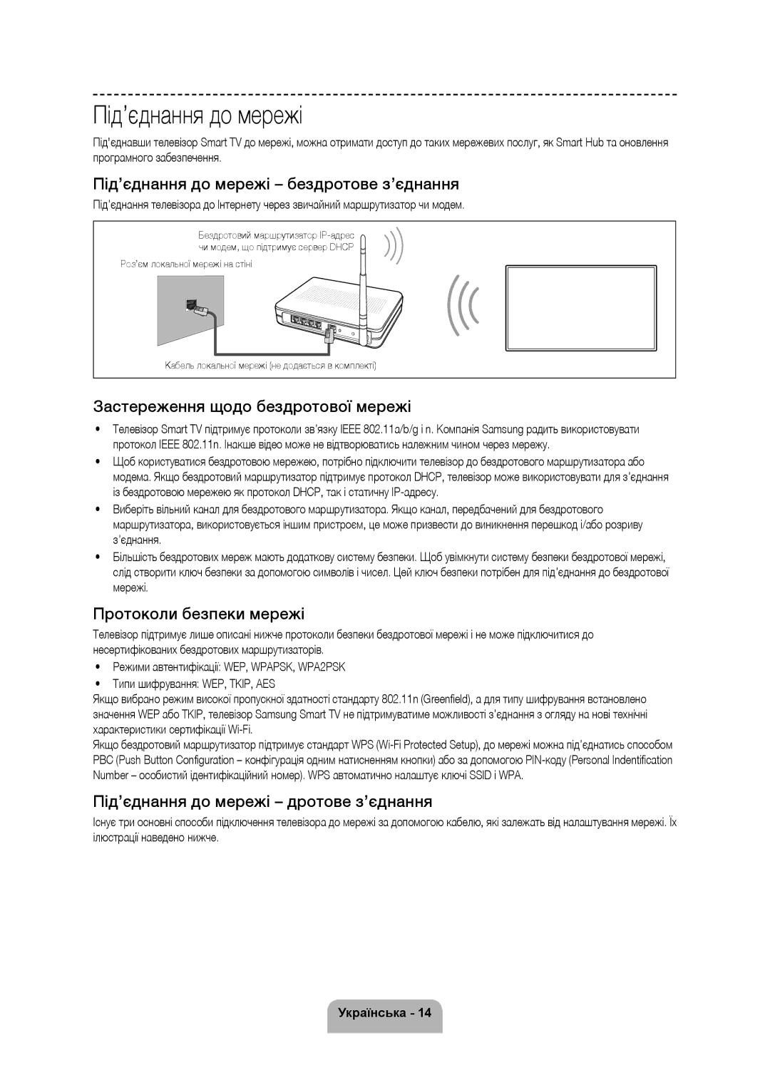 Samsung UE65F9000ATXRU manual Під’єднання до мережі бездротове з’єднання, Застереження щодо бездротової мережі 