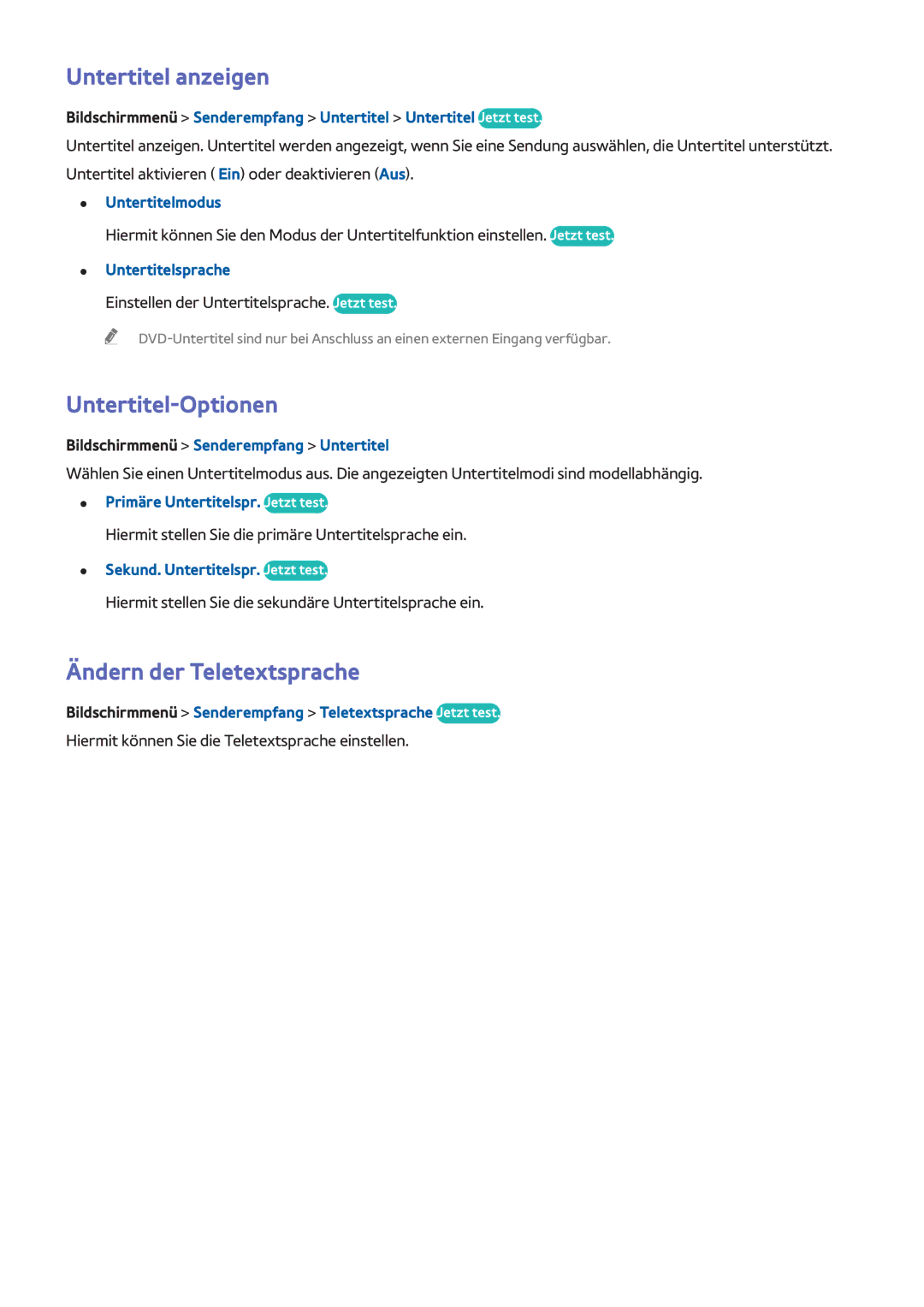 Samsung UE46F7000SLXXN, UE65F9000SLXXC, UE40F7090SLXZG Untertitel anzeigen, Untertitel-Optionen, Ändern der Teletextsprache 