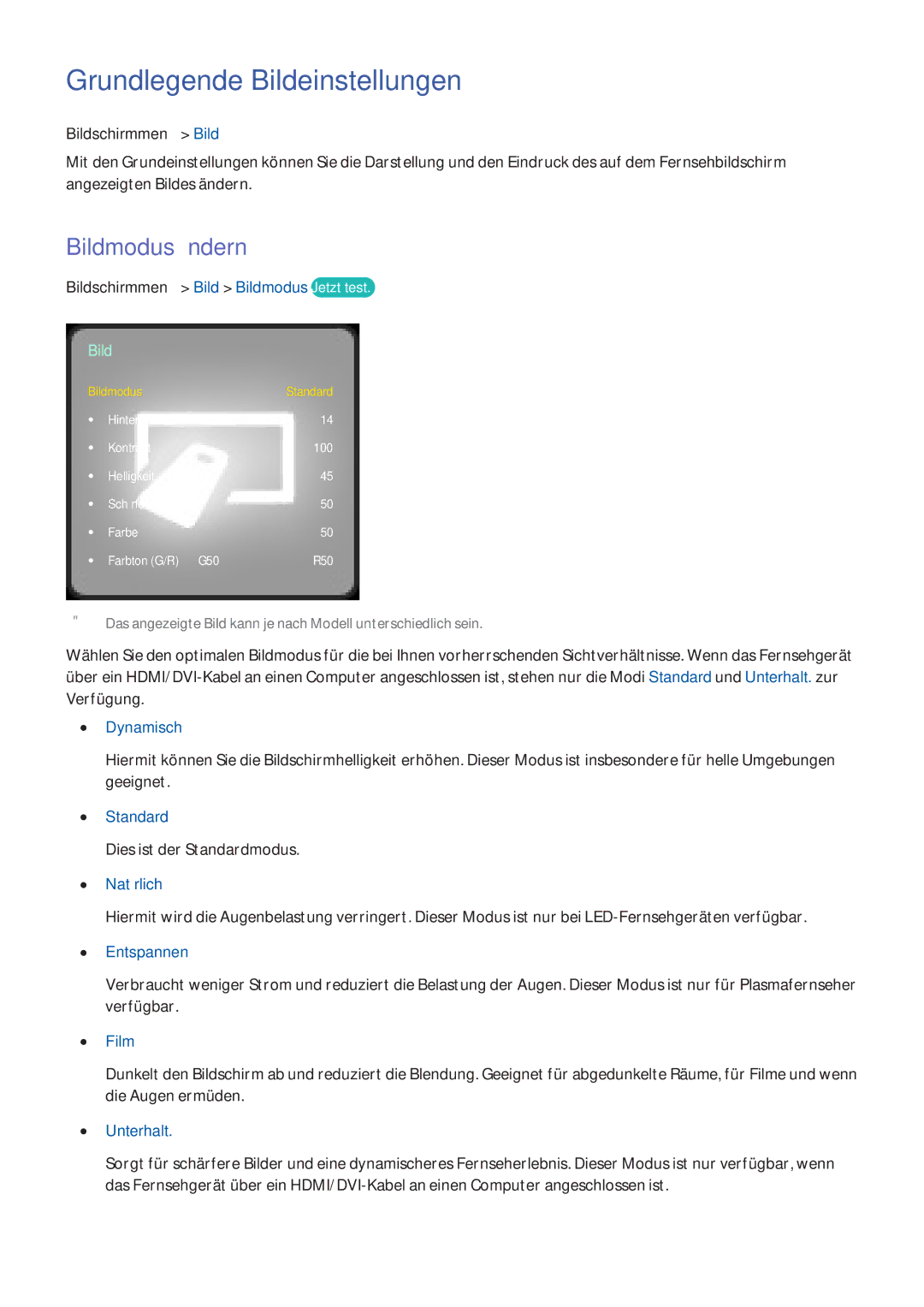 Samsung UE55F9090SLXZG, UE65F9000SLXXC, UE40F7090SLXZG, UE55F7090SLXZG manual Grundlegende Bildeinstellungen, Bildmodus ändern 