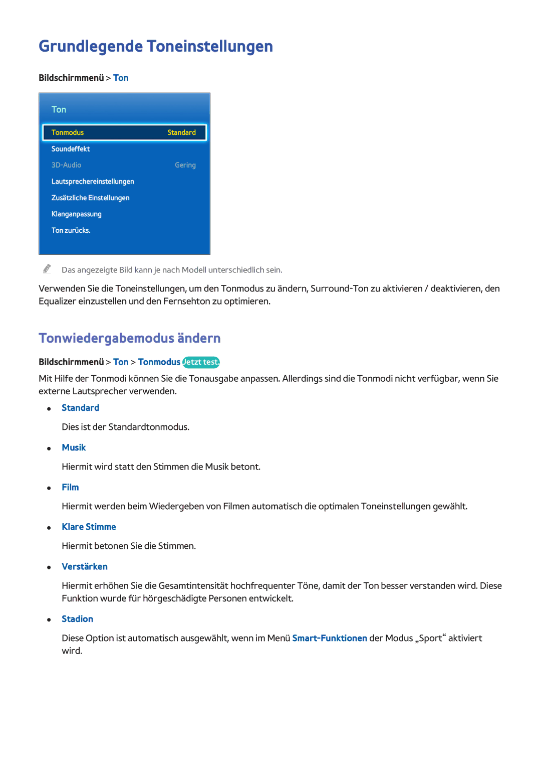Samsung UE46F8500SLXXN, UE65F9000SLXXC, UE40F7090SLXZG, UE85S9STXZG Grundlegende Toneinstellungen, Tonwiedergabemodus ändern 
