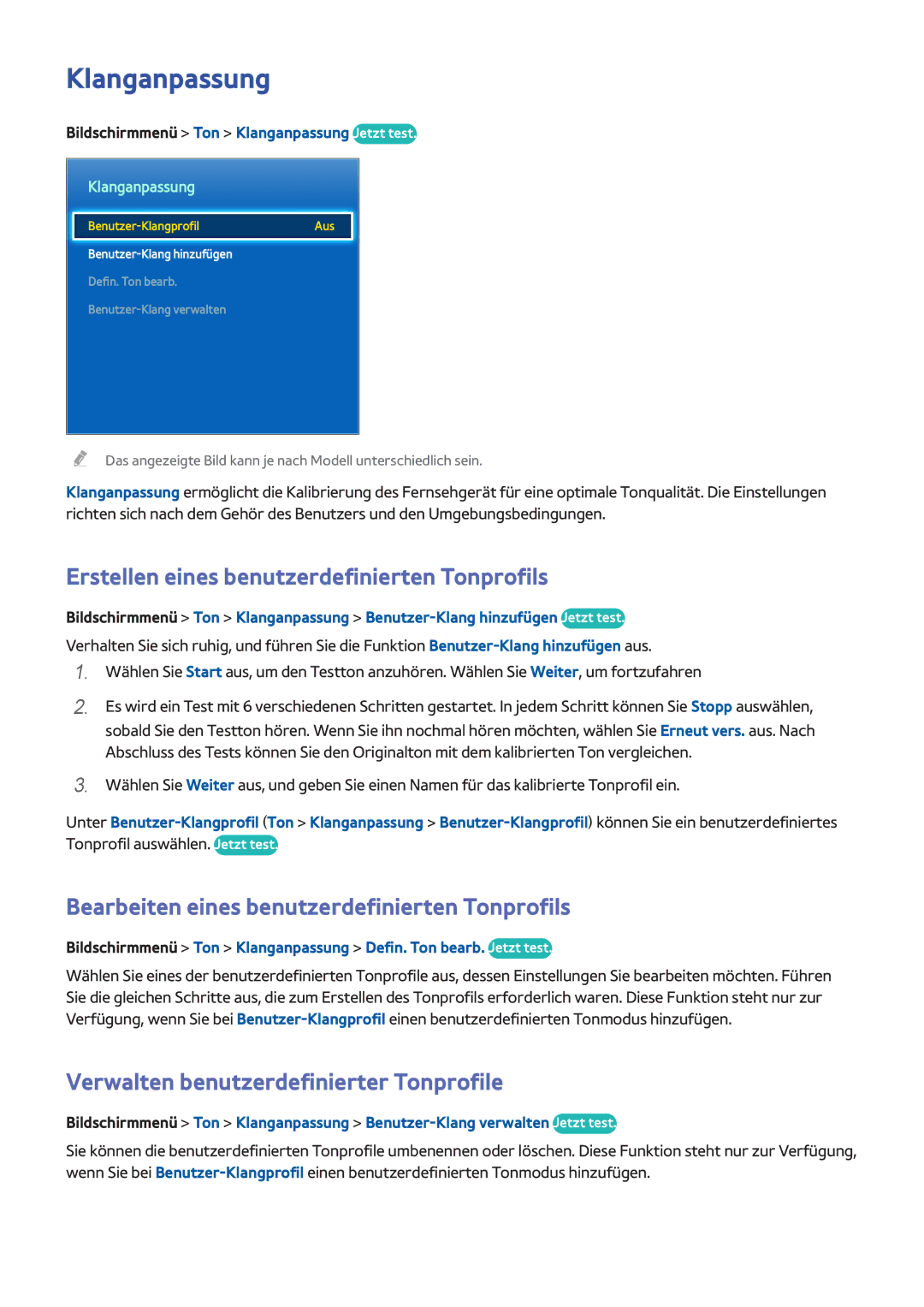 Samsung UE75F8000SLXXN, UE65F9000SLXXC, UE40F7090SLXZG manual Klanganpassung, Erstellen eines benutzerdefinierten Tonprofils 
