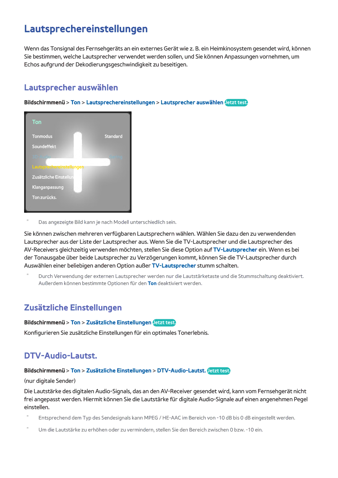 Samsung UE65F8000SLXXN Lautsprechereinstellungen, Lautsprecher auswählen, Zusätzliche Einstellungen, DTV-Audio-Lautst 