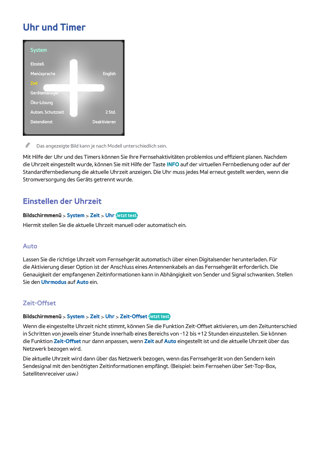 Samsung UE60F7000SLXXN, UE65F9000SLXXC, UE40F7090SLXZG, UE85S9STXZG Uhr und Timer, Einstellen der Uhrzeit, Auto, Zeit-Offset 