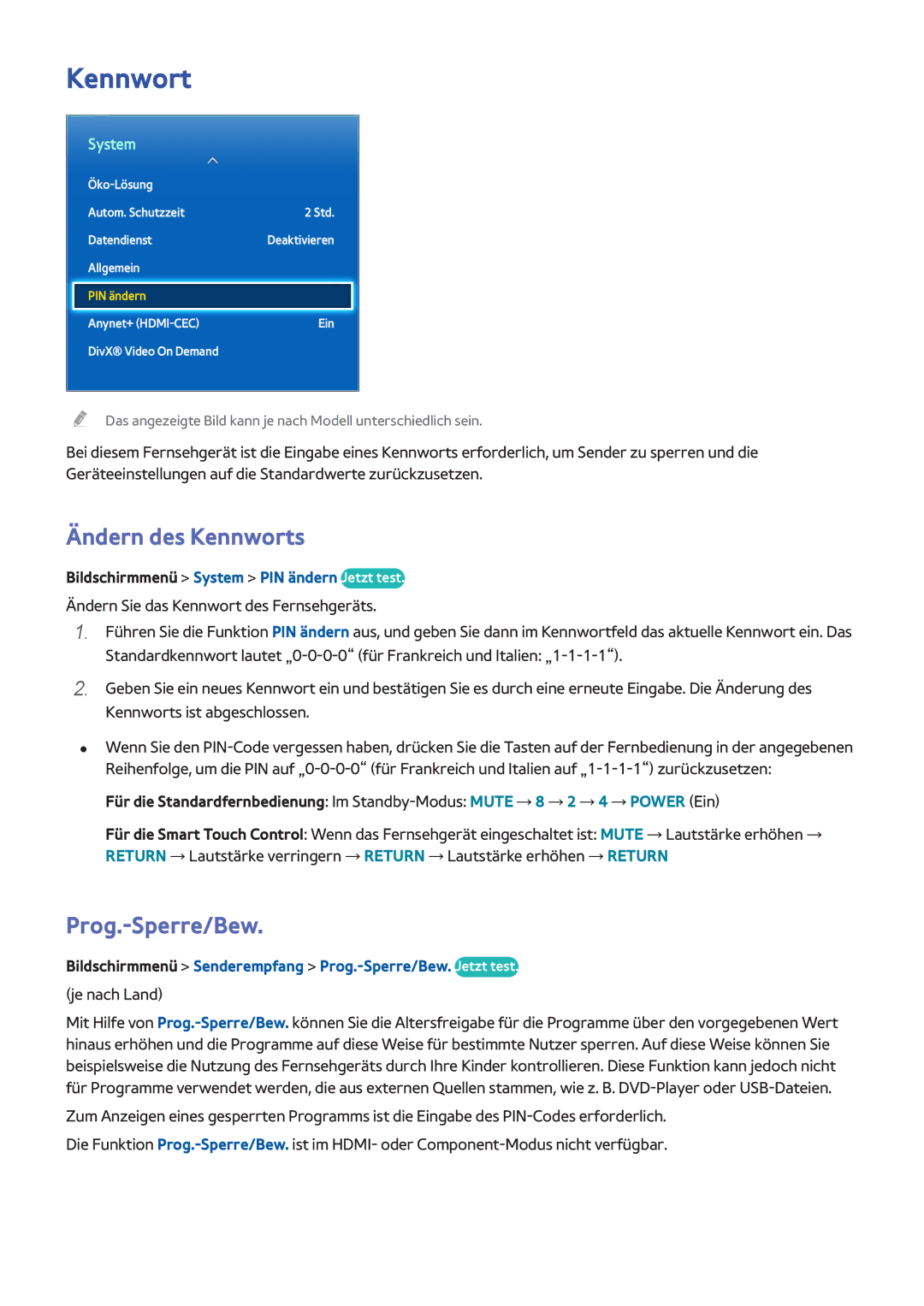 Samsung UE60F7000SLXZF manual Ändern des Kennworts, Prog.-Sperre/Bew, Bildschirmmenü System PIN ändern Jetzt test 