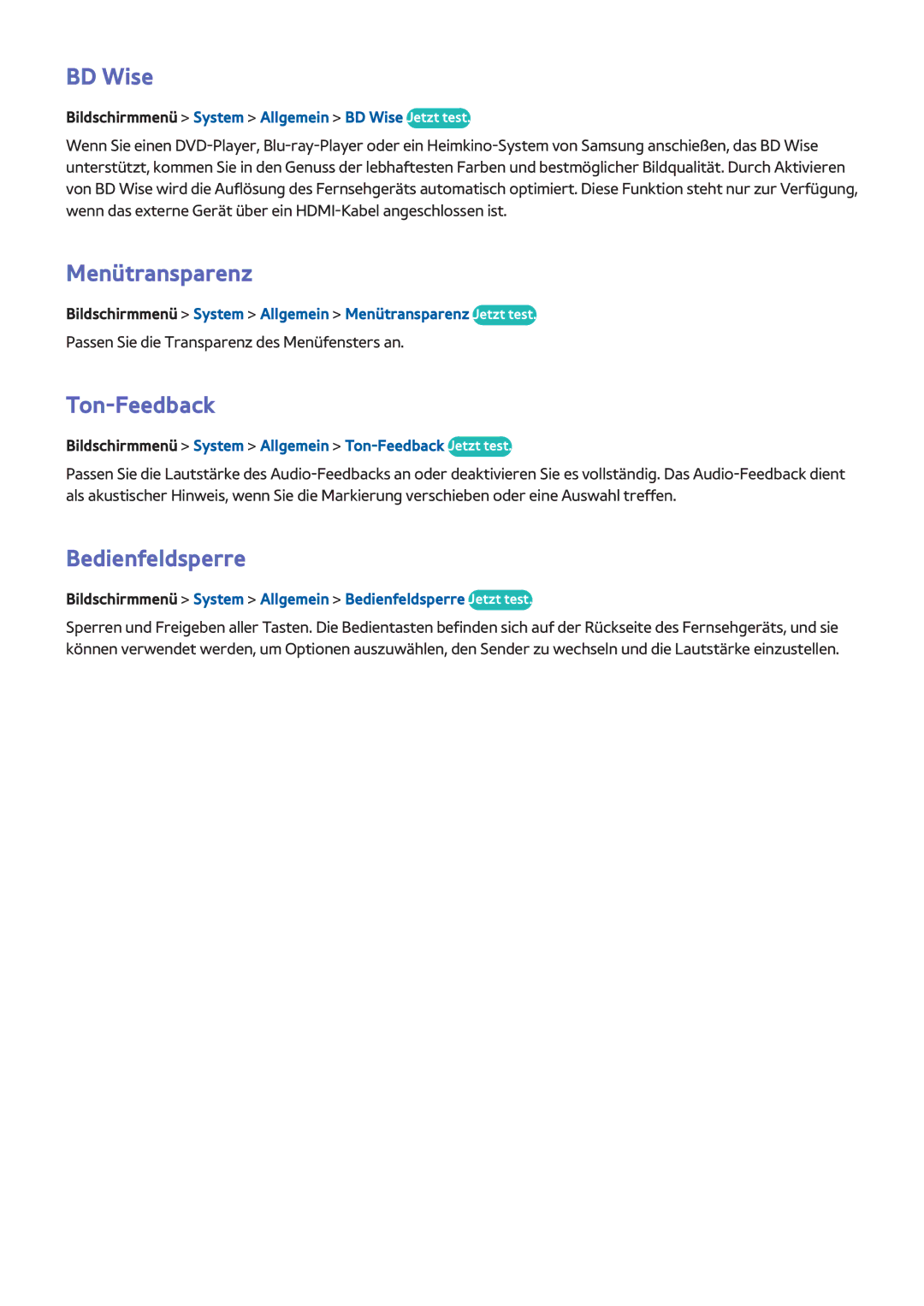 Samsung UE40F7000SLXZF, UE65F9000SLXXC, UE40F7090SLXZG, UE85S9STXZG BD Wise, Menütransparenz, Ton-Feedback, Bedienfeldsperre 