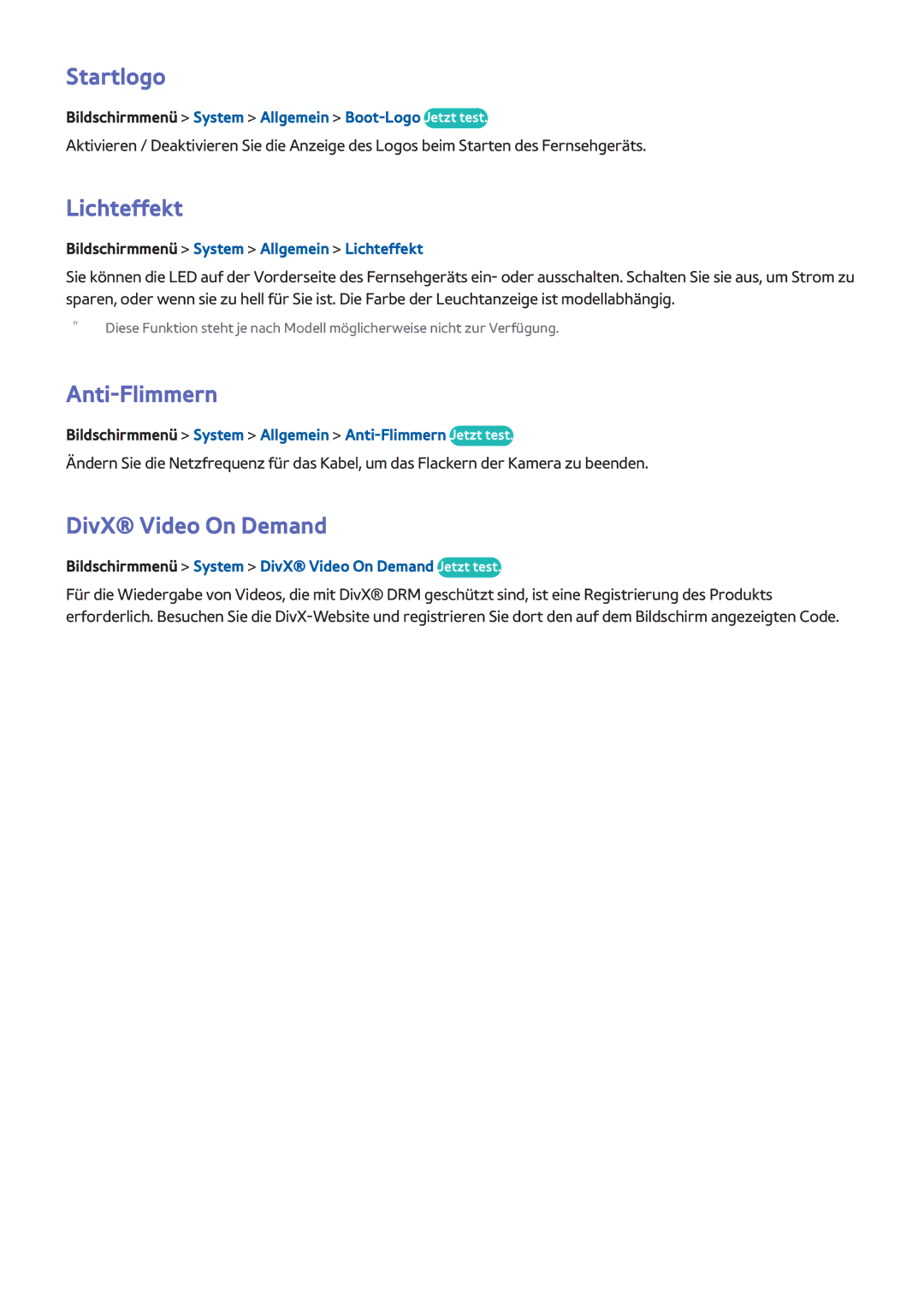 Samsung UE46F7000SLXZF, UE65F9000SLXXC, UE40F7090SLXZG manual Startlogo, Lichteffekt, Anti-Flimmern, DivX Video On Demand 