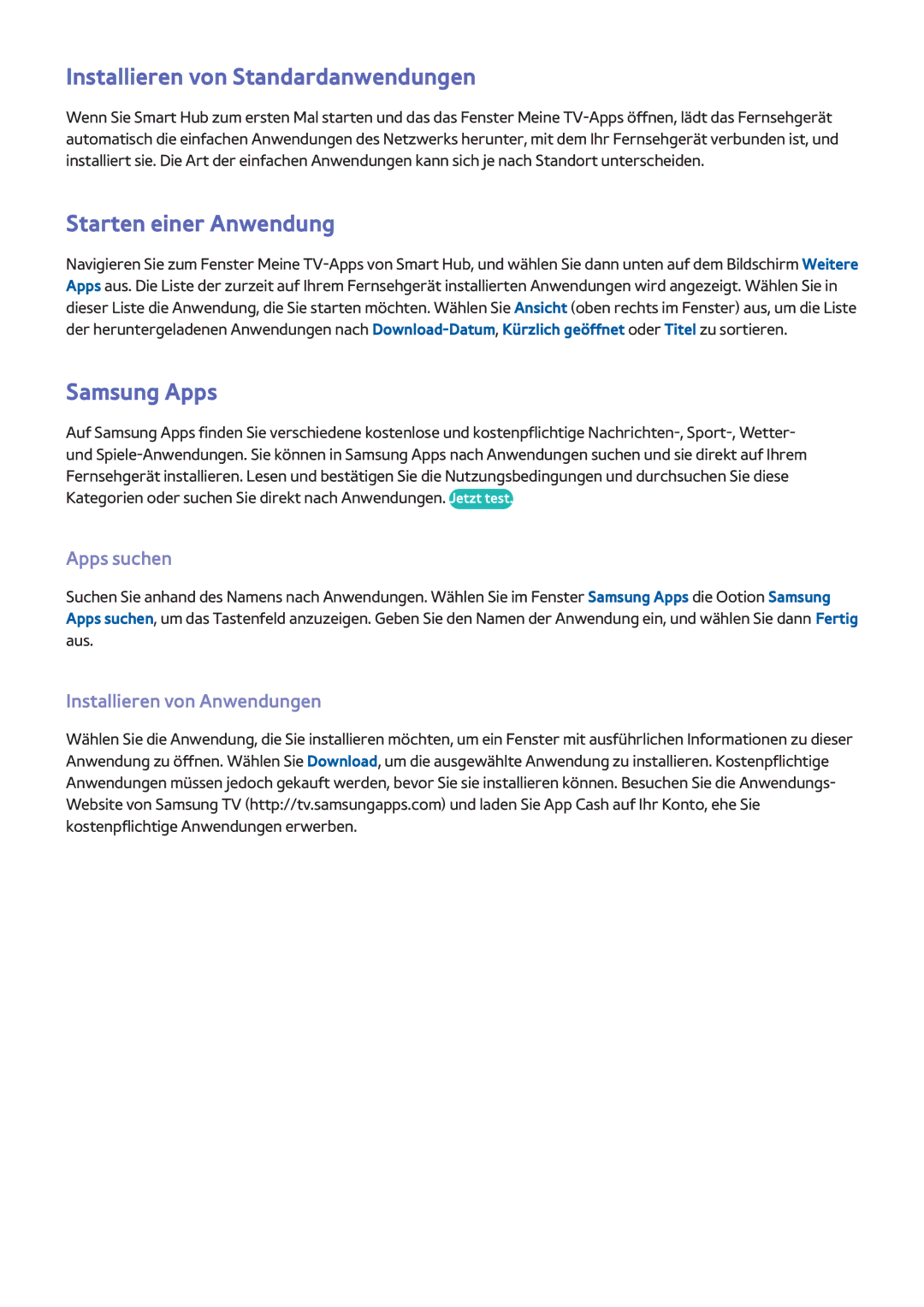 Samsung UE46F8090SLXZG manual Installieren von Standardanwendungen, Starten einer Anwendung, Samsung Apps, Apps suchen 