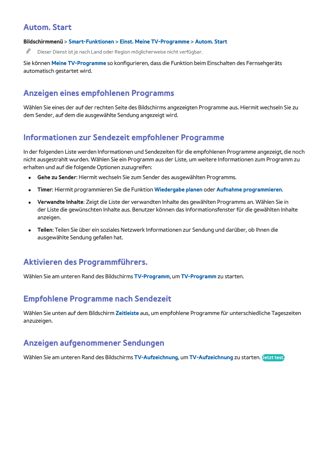 Samsung UE55F8590SLXZG, UE65F9000SLXXC Autom. Start, Anzeigen eines empfohlenen Programms, Aktivieren des Programmführers 