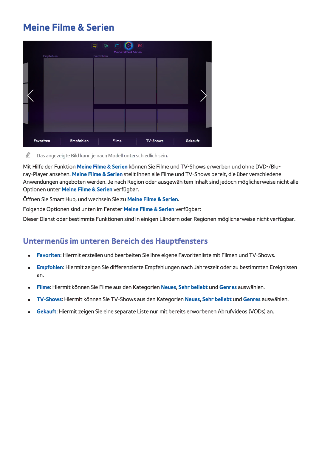 Samsung UE55F8500SLXXN, UE65F9000SLXXC, UE85S9STXZG Meine Filme & Serien, Untermenüs im unteren Bereich des Hauptfensters 