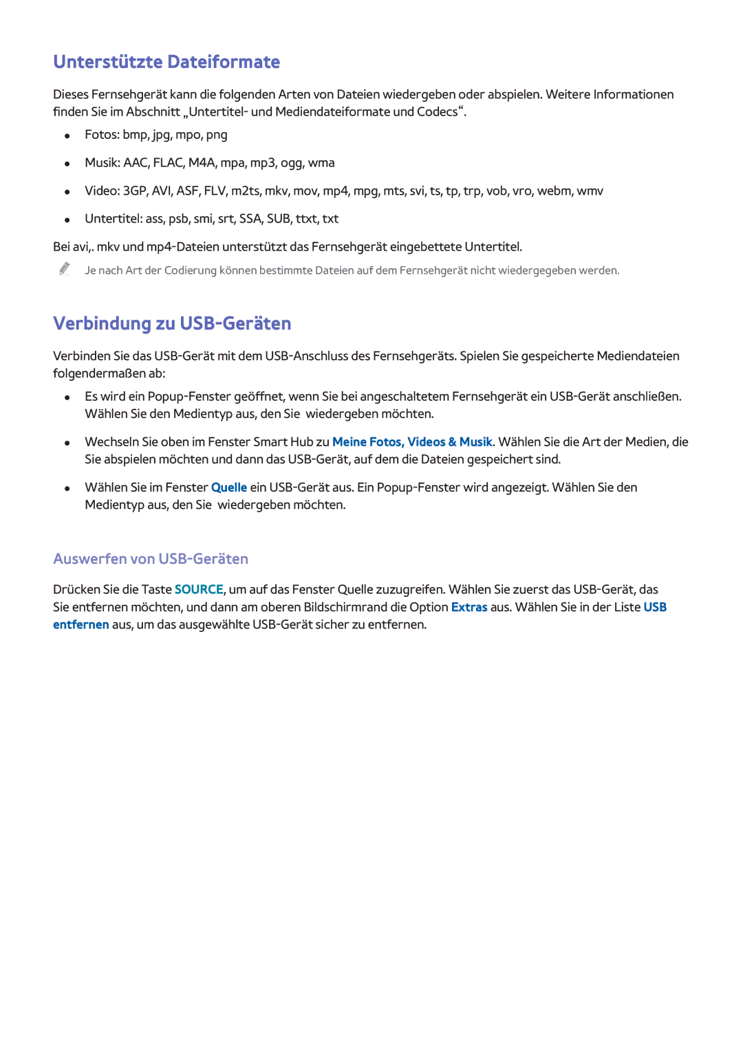 Samsung UE40F7000SLXXH, UE65F9000SLXXC Unterstützte Dateiformate, Verbindung zu USB-Geräten, Auswerfen von USB-Geräten 