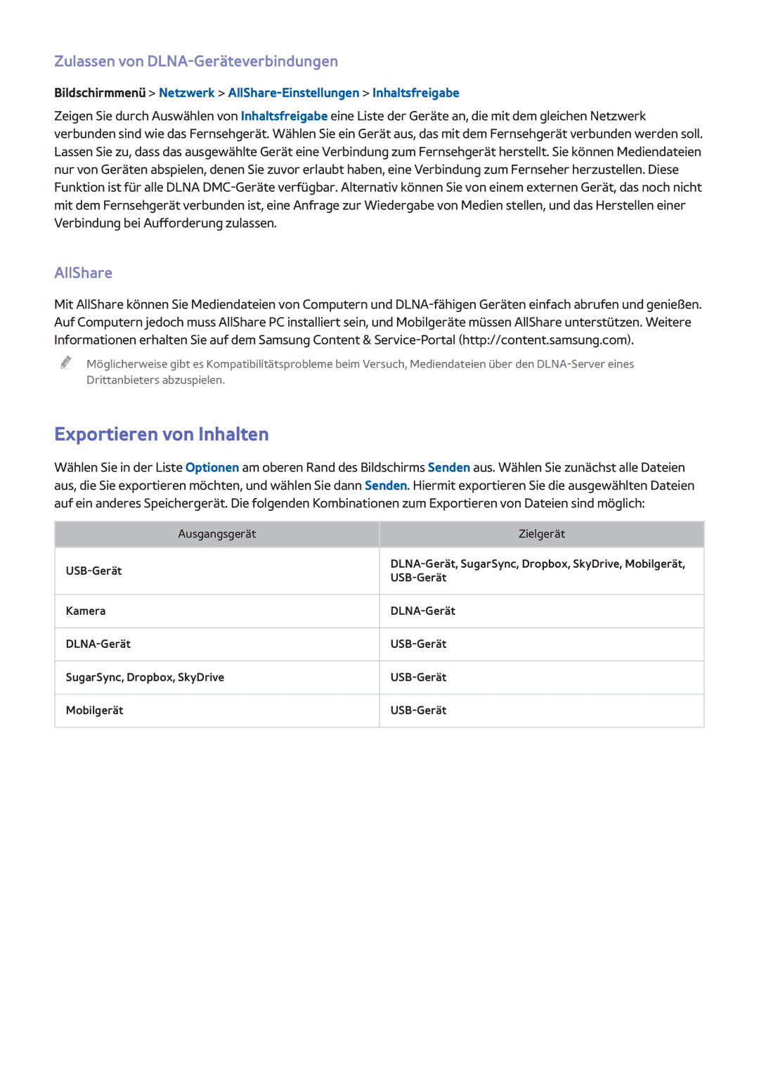 Samsung UE46F7000SLXTK, UE65F9000SLXXC manual Exportieren von Inhalten, Zulassen von DLNA-Geräteverbindungen, AllShare 