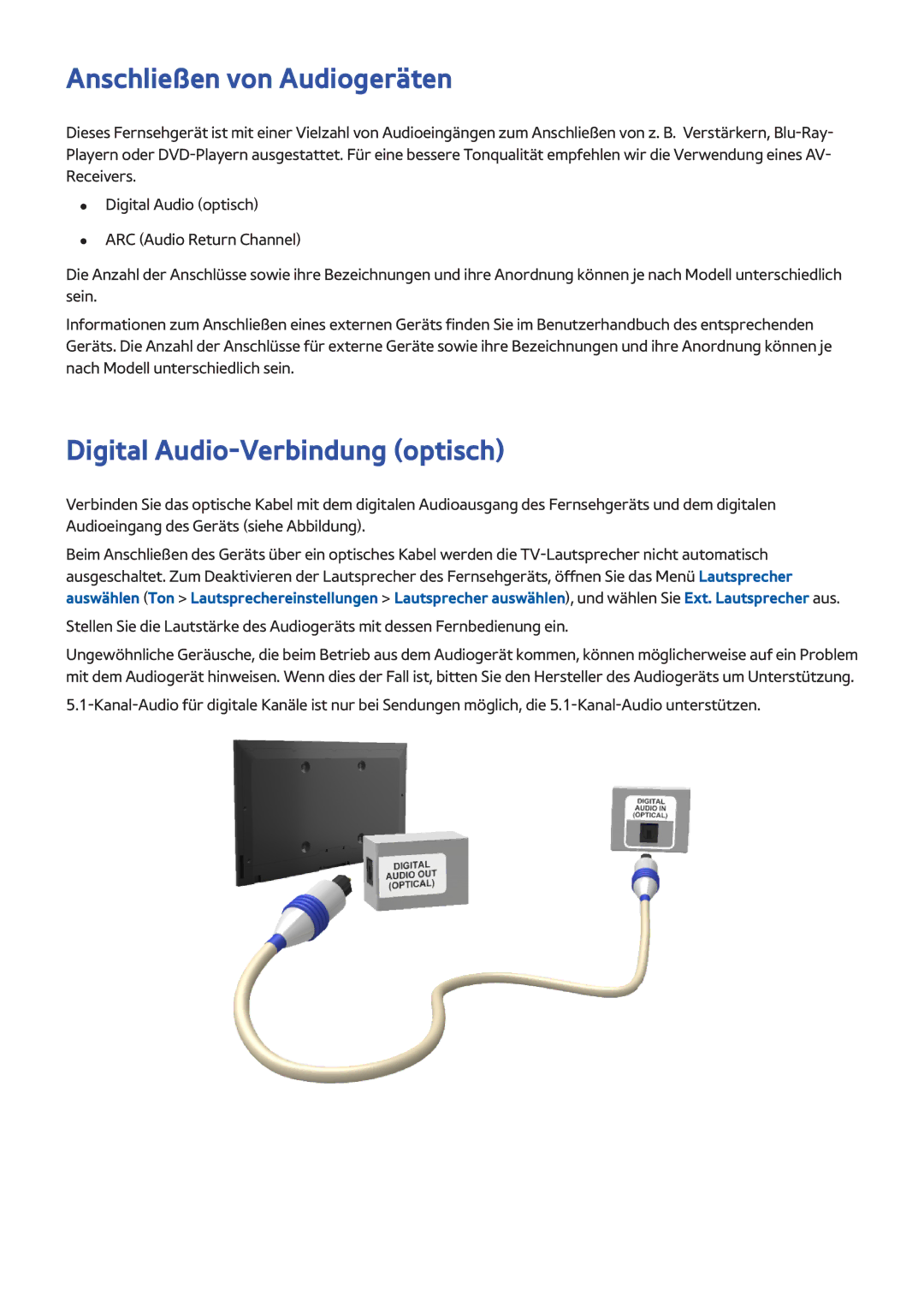 Samsung UE55F8090SLXZG, UE65F9000SLXXC, UE40F7090SLXZG manual Anschließen von Audiogeräten, Digital Audio-Verbindung optisch 