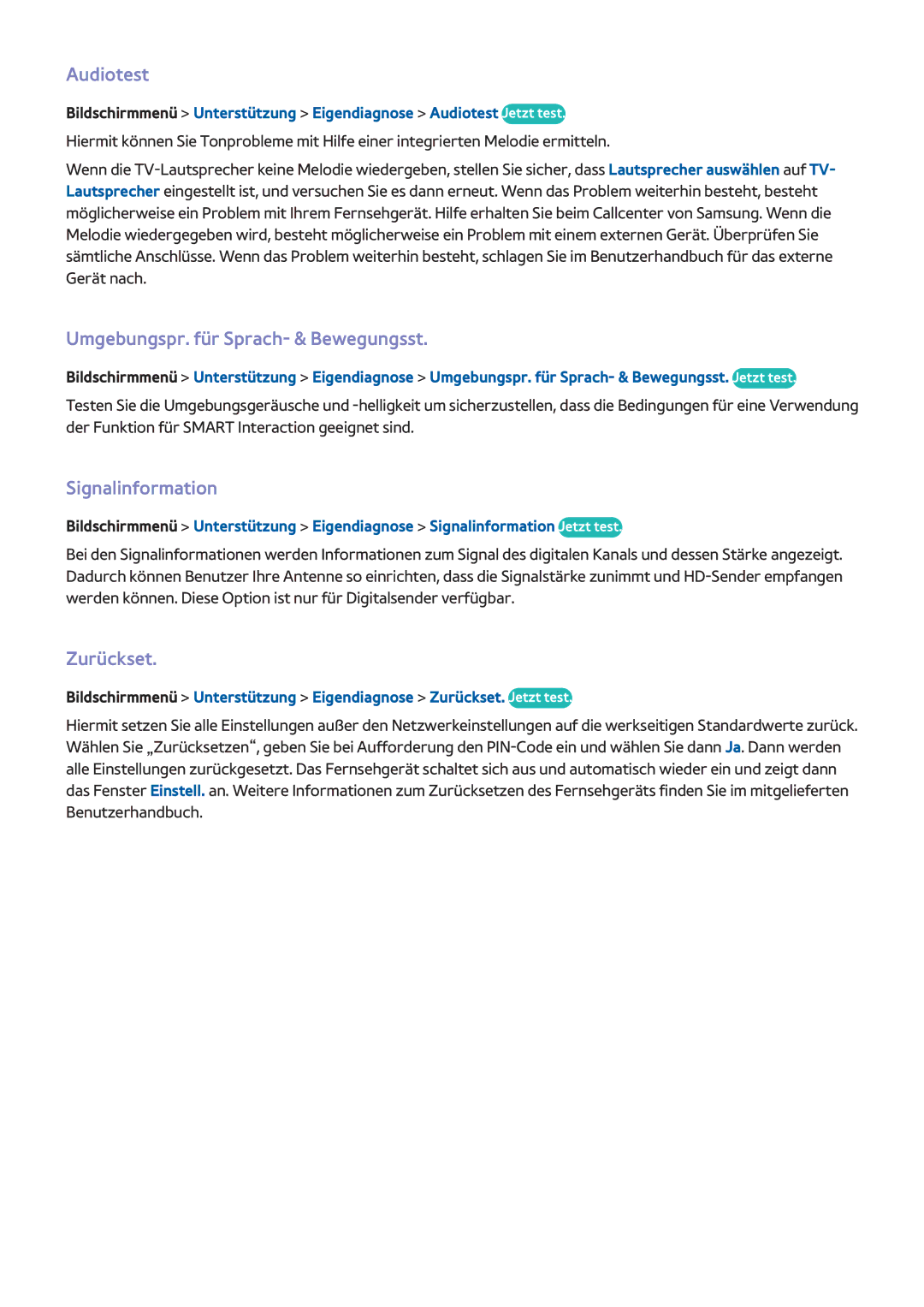 Samsung UE46F7000SLXXN, UE65F9000SLXXC Audiotest, Umgebungspr. für Sprach- & Bewegungsst, Signalinformation, Zurückset 