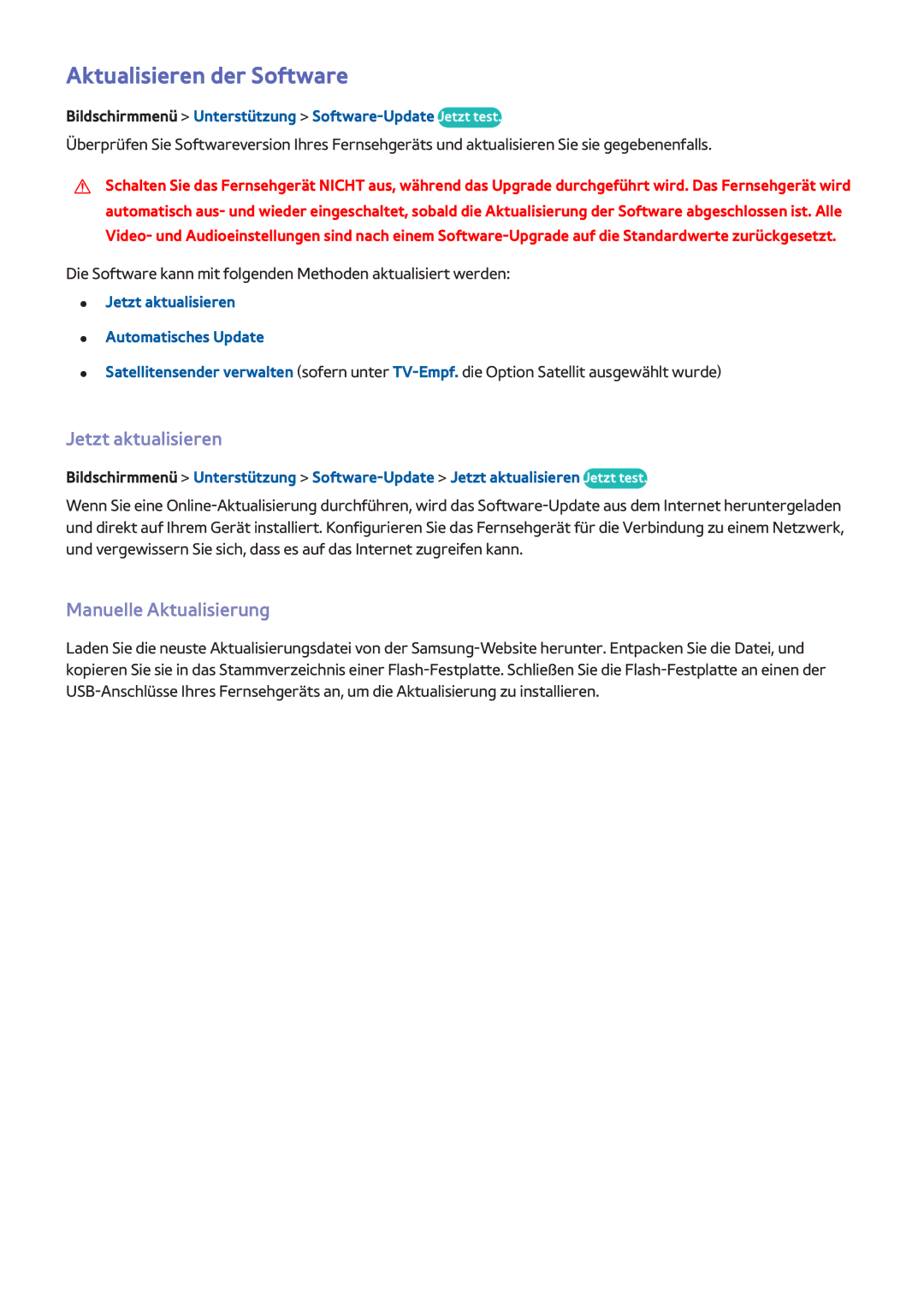 Samsung UE55F9090SLXZG, UE65F9000SLXXC manual Aktualisieren der Software, Jetzt aktualisieren, Manuelle Aktualisierung 