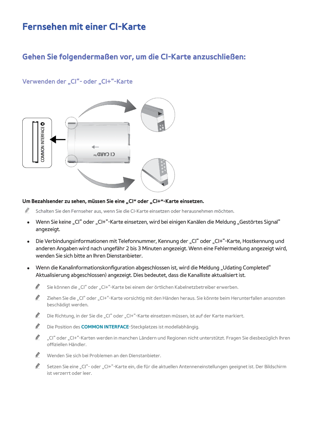 Samsung UE40F8000SLXXC manual Fernsehen mit einer CI-Karte, Gehen Sie folgendermaßen vor, um die CI-Karte anzuschließen 