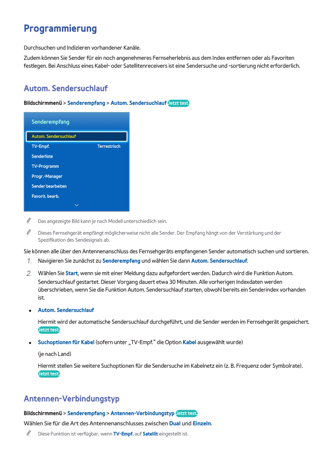 Samsung UE40F7000SLXXN, UE65F9000SLXXC manual Programmierung, Autom. Sendersuchlauf, Antennen-Verbindungstyp, Senderempfang 