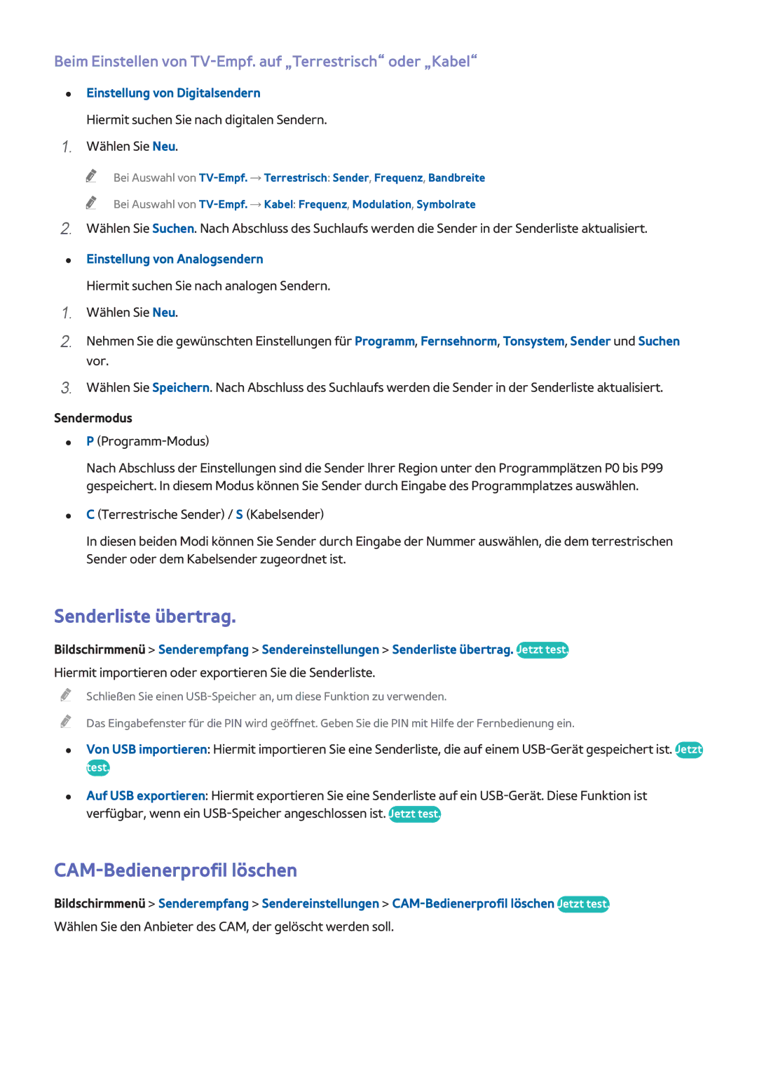 Samsung UE65F9000SLXXN, UE65F9000SLXXC Senderliste übertrag, CAM-Bedienerprofil löschen, Einstellung von Digitalsendern 