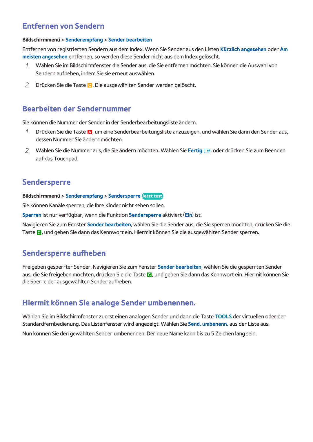 Samsung UE75F8000SLXTK, UE65F9000SLXXC manual Entfernen von Sendern, Bearbeiten der Sendernummer, Sendersperre aufheben 