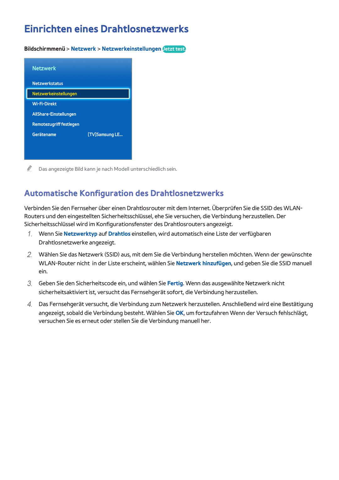 Samsung UE40F8000SLXXC, UE85S9STXZG Einrichten eines Drahtlosnetzwerks, Automatische Konfiguration des Drahtlosnetzwerks 