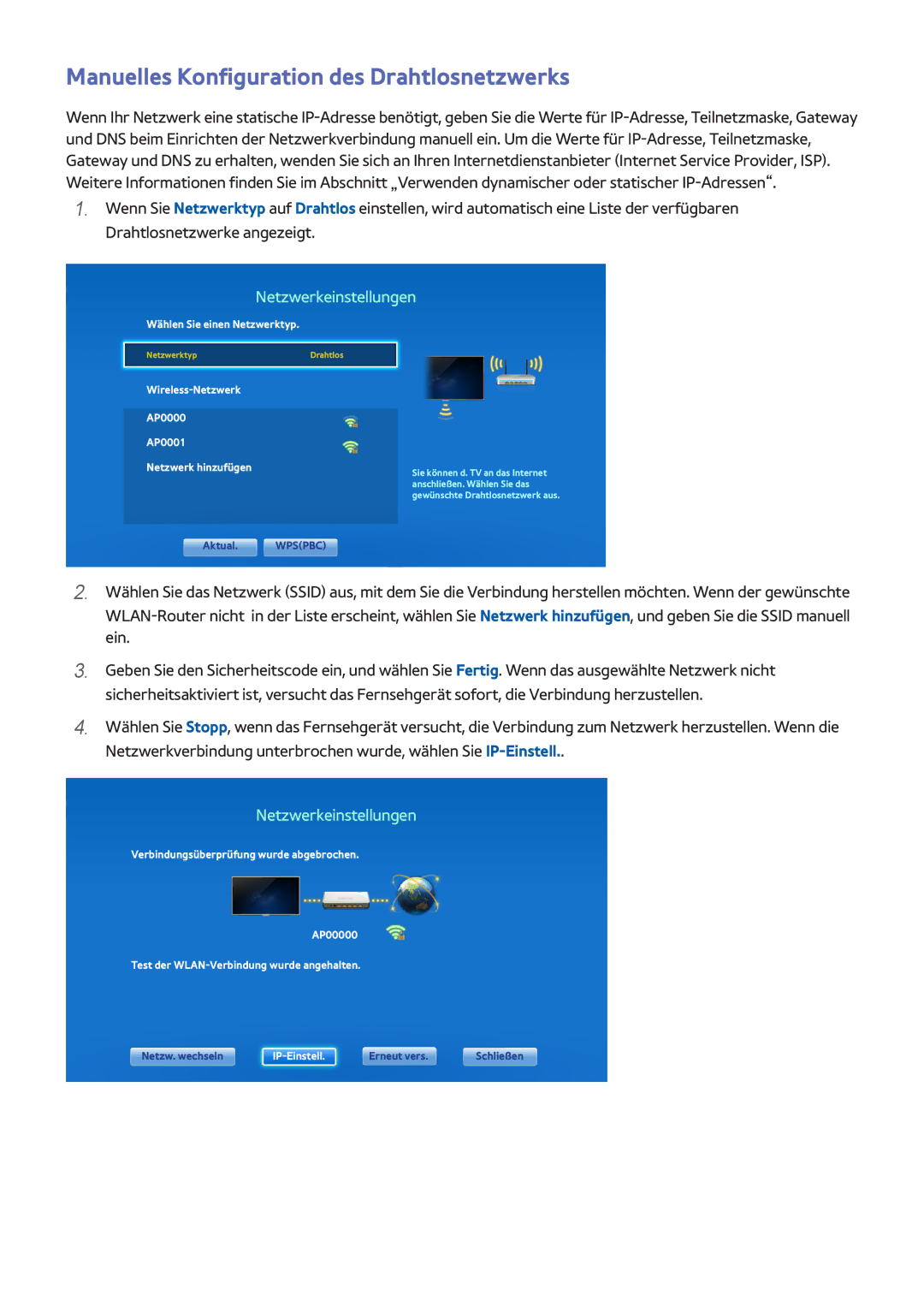 Samsung UE40F7000SLXTK Manuelles Konfiguration des Drahtlosnetzwerks, Wireless-Netzwerk AP0000 AP0001 Netzwerk hinzufügen 